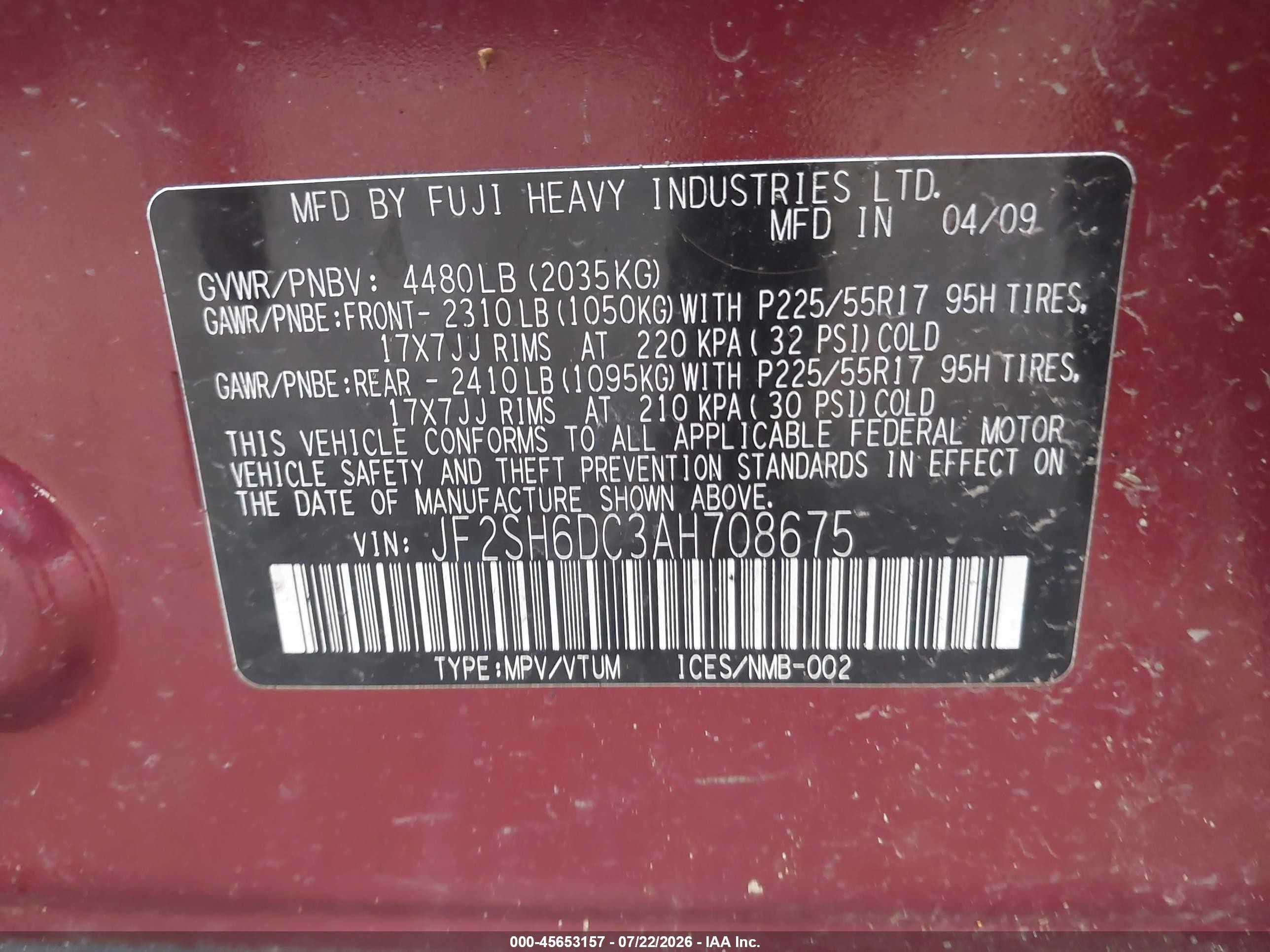 2010 Subaru Forester 2.5x Limited Burgundy vin: JF2SH6DC3AH708675