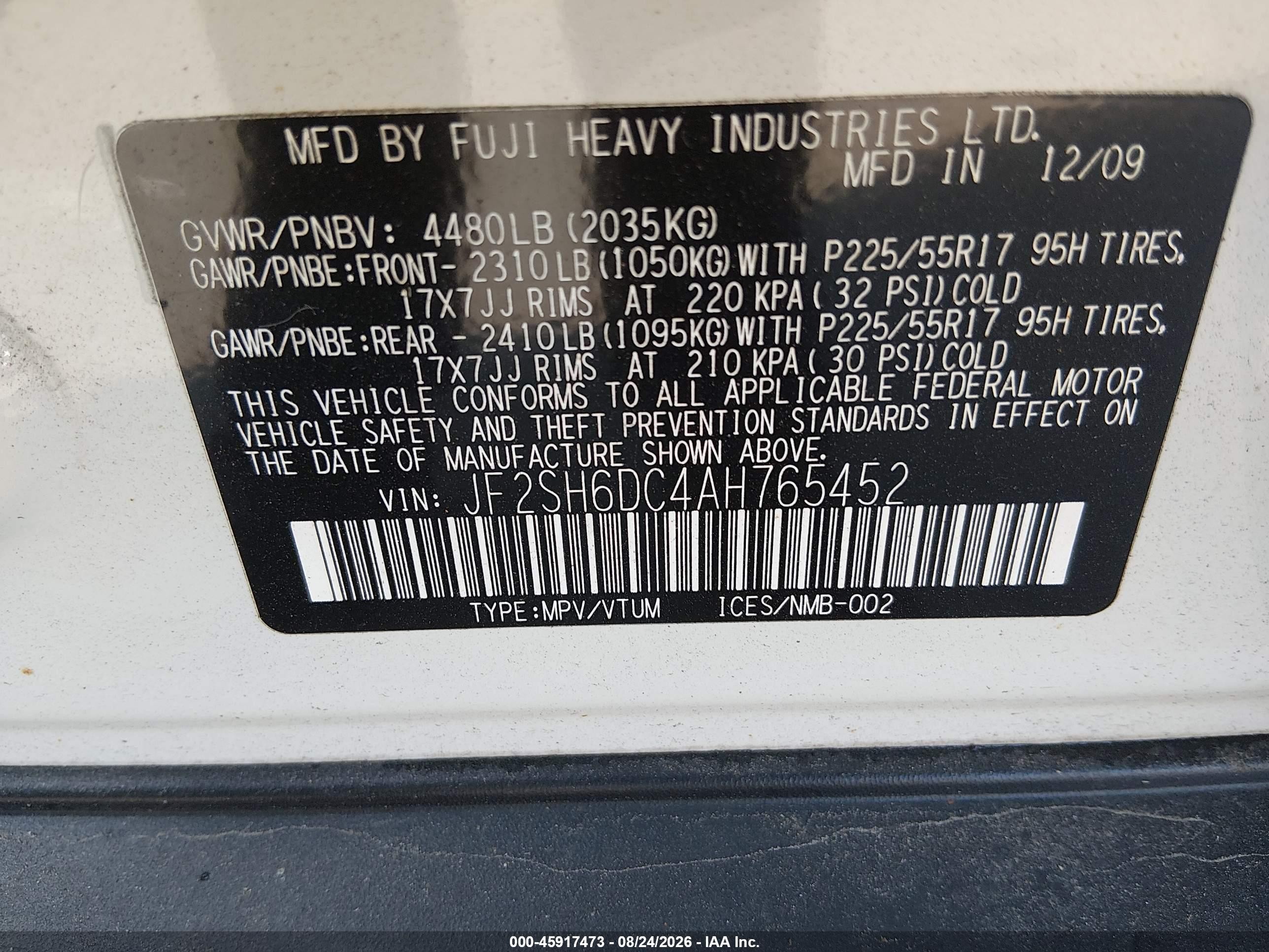 2010 Subaru Forester 2.5x Limited White vin: JF2SH6DC4AH765452