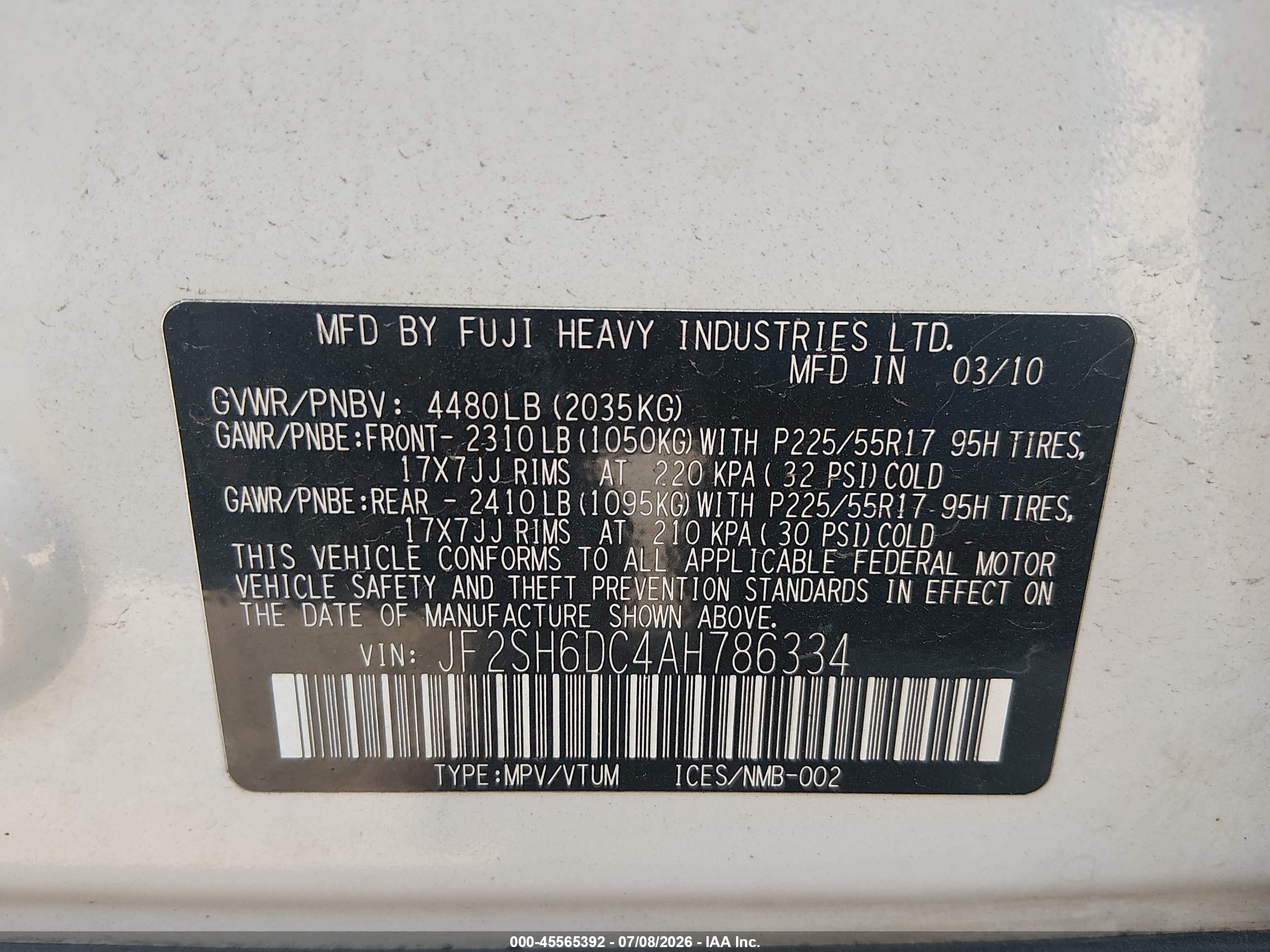 2010 Subaru Forester 2.5x Limited White vin: JF2SH6DC4AH786334