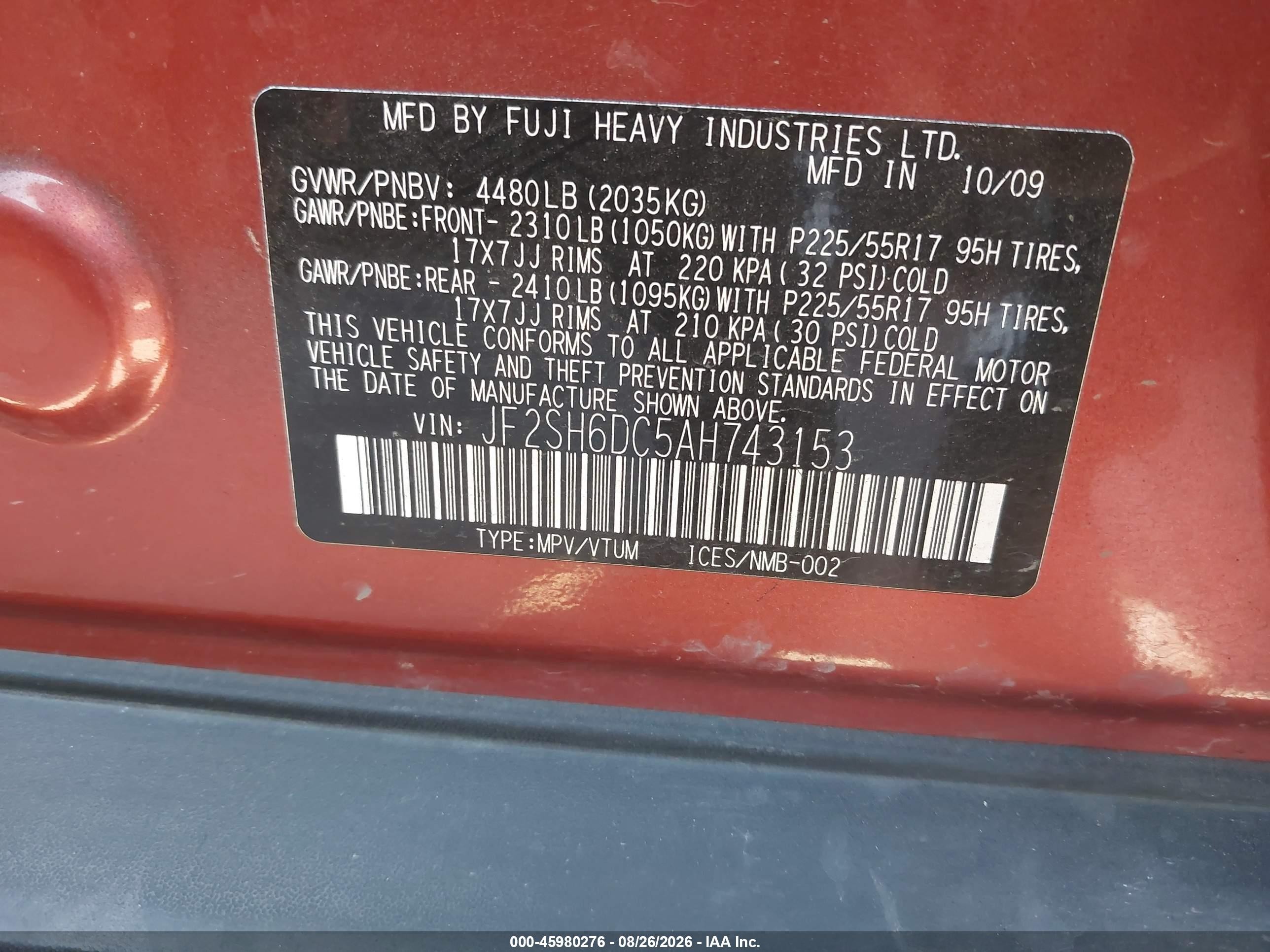 2010 Subaru Forester 2.5x Limited Red vin: JF2SH6DC5AH743153