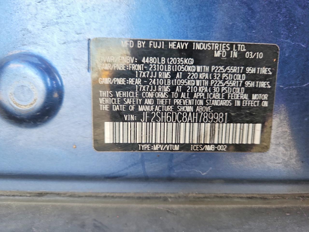 2010 Subaru Forester 2.5x Limited Blue vin: JF2SH6DC8AH789981