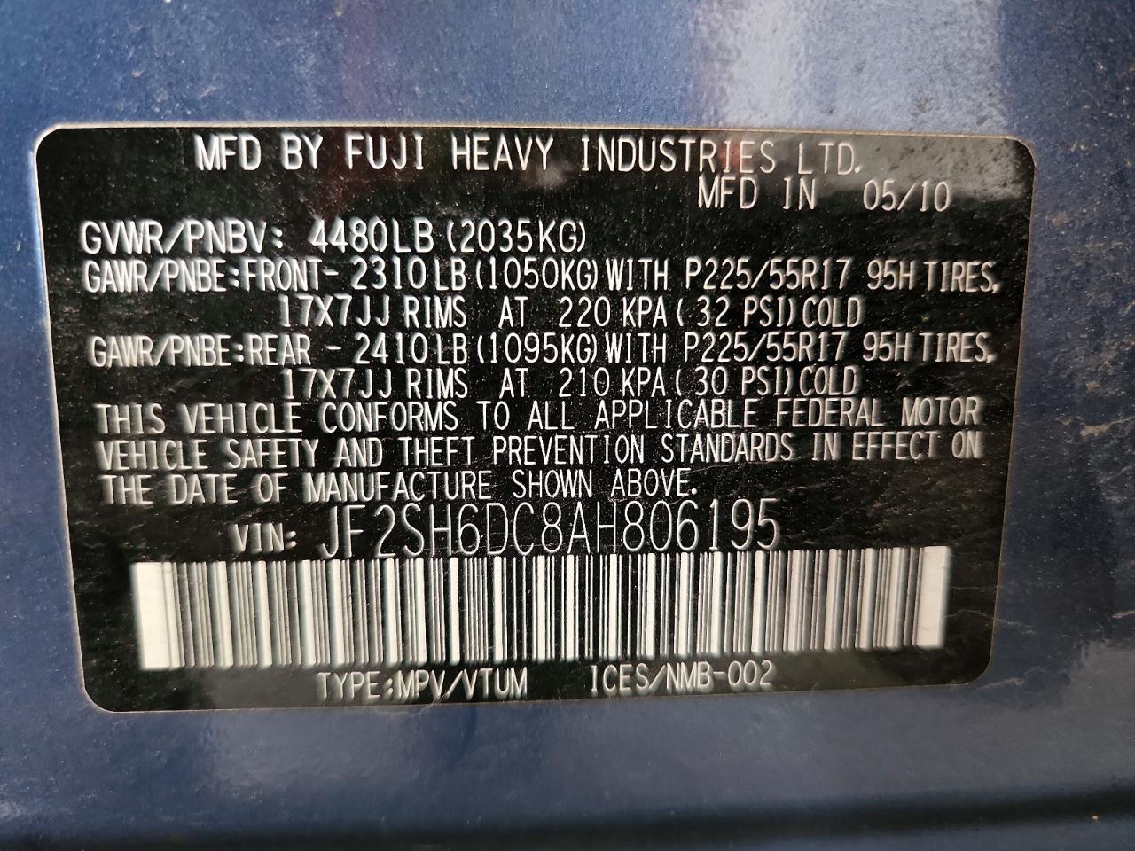 2010 Subaru Forester 2.5x Limited Blue vin: JF2SH6DC8AH806195