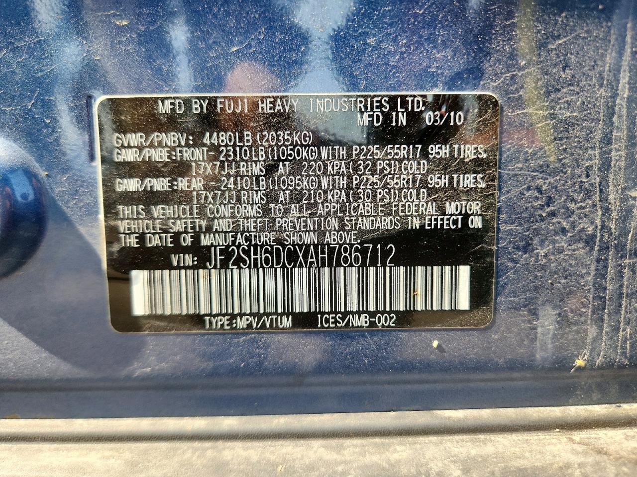 2010 Subaru Forester 2.5x Limited Blue vin: JF2SH6DCXAH786712