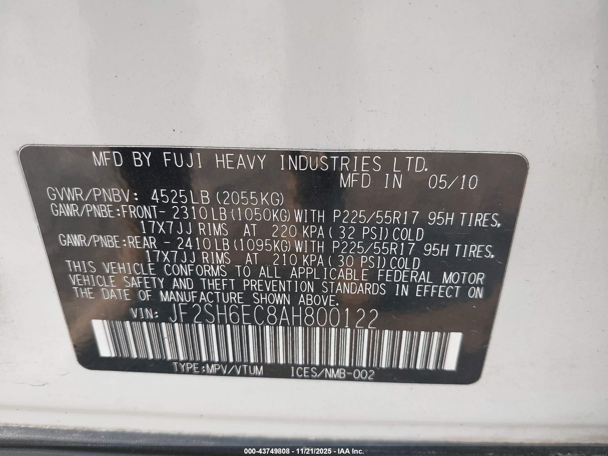 2010 Subaru Forester 2.5xt Premium Белый vin: JF2SH6EC8AH800122