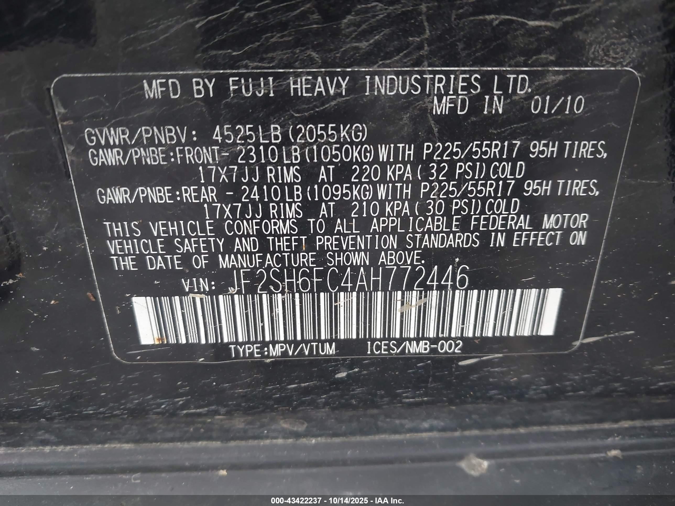 2010 Subaru Forester 2.5xt Limited Black vin: JF2SH6FC4AH772446