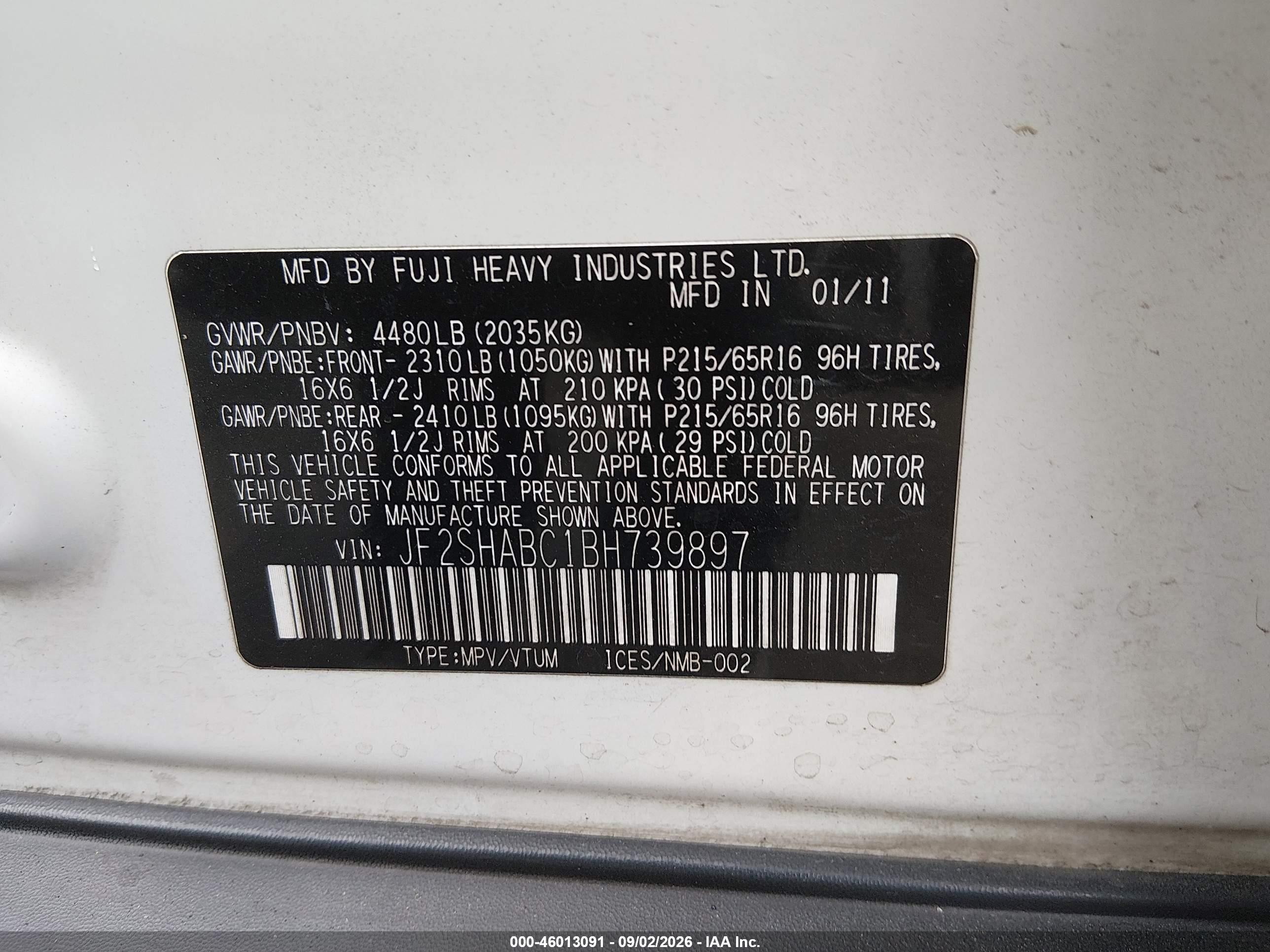 2011 Subaru Forester 2.5x Белый vin: JF2SHABC1BH739897