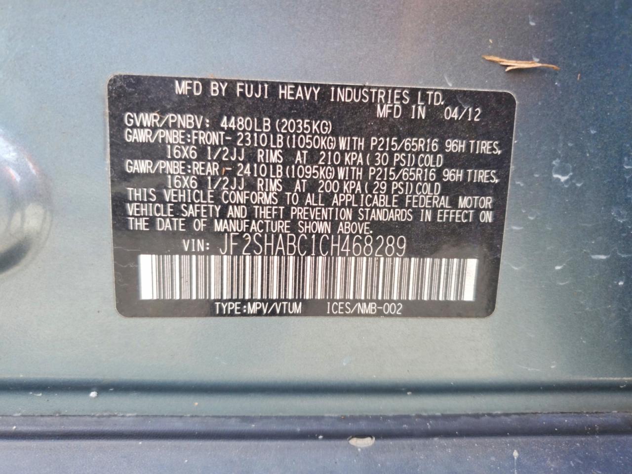 2012 Subaru Forester 2.5x Blue vin: JF2SHABC1CH468289
