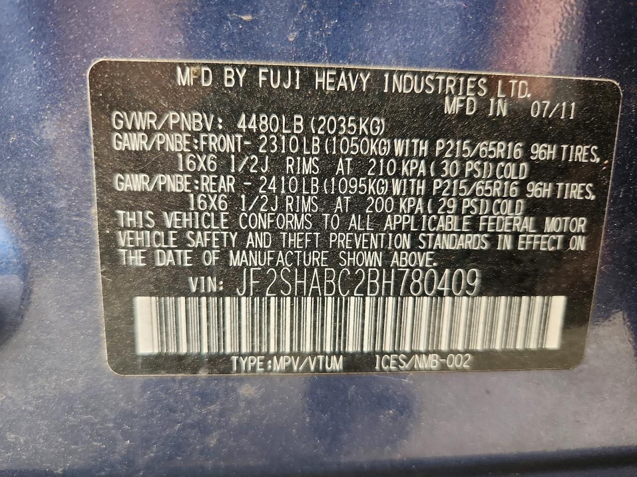 2011 Subaru Forester Blue vin: JF2SHABC2BH780409