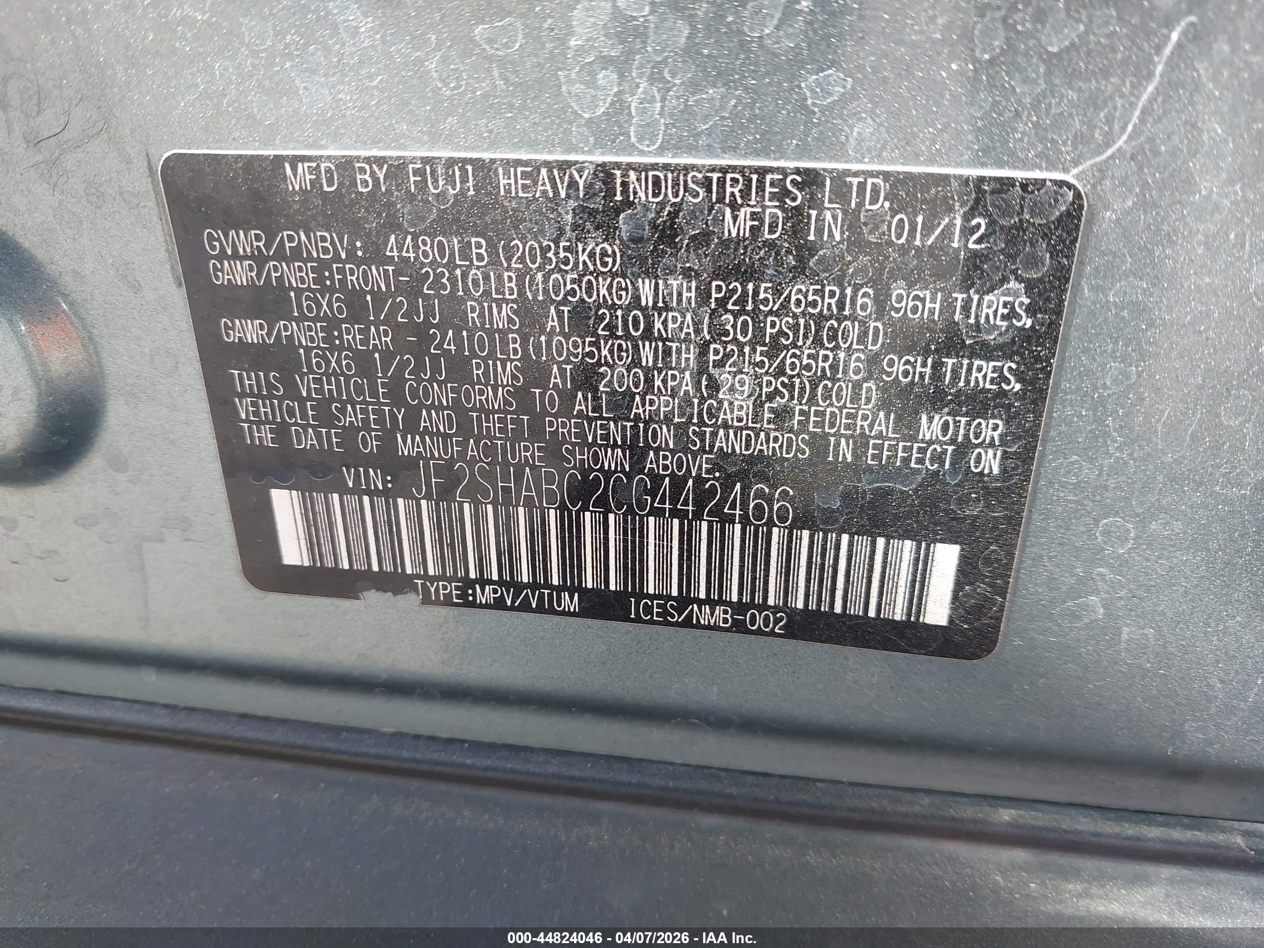 2012 Subaru Forester 2.5x Green vin: JF2SHABC2CG442466