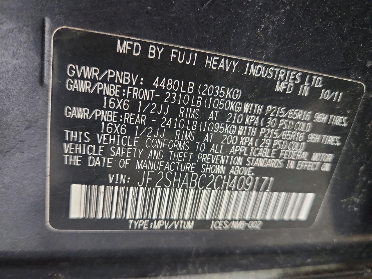 2012 Subaru Forester 2.5x Gray vin: JF2SHABC2CH409171