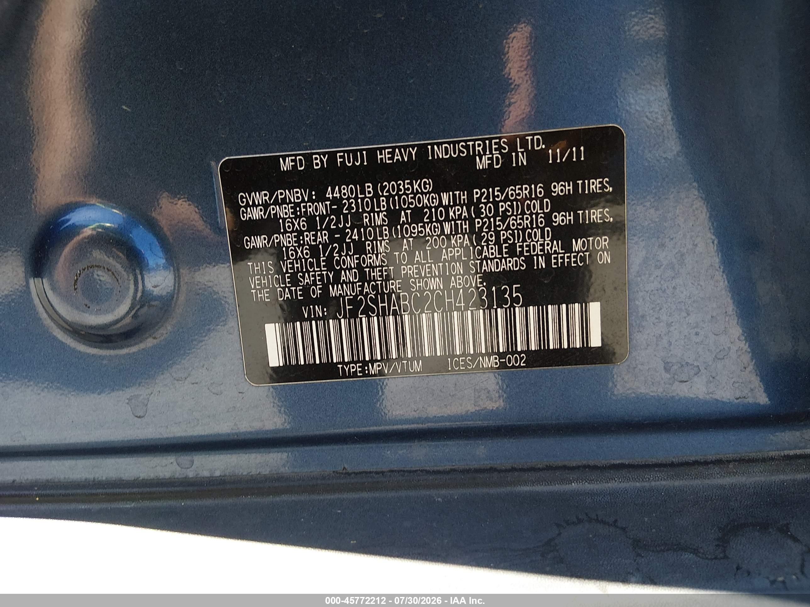 2012 Subaru Forester 2.5x Blue vin: JF2SHABC2CH423135
