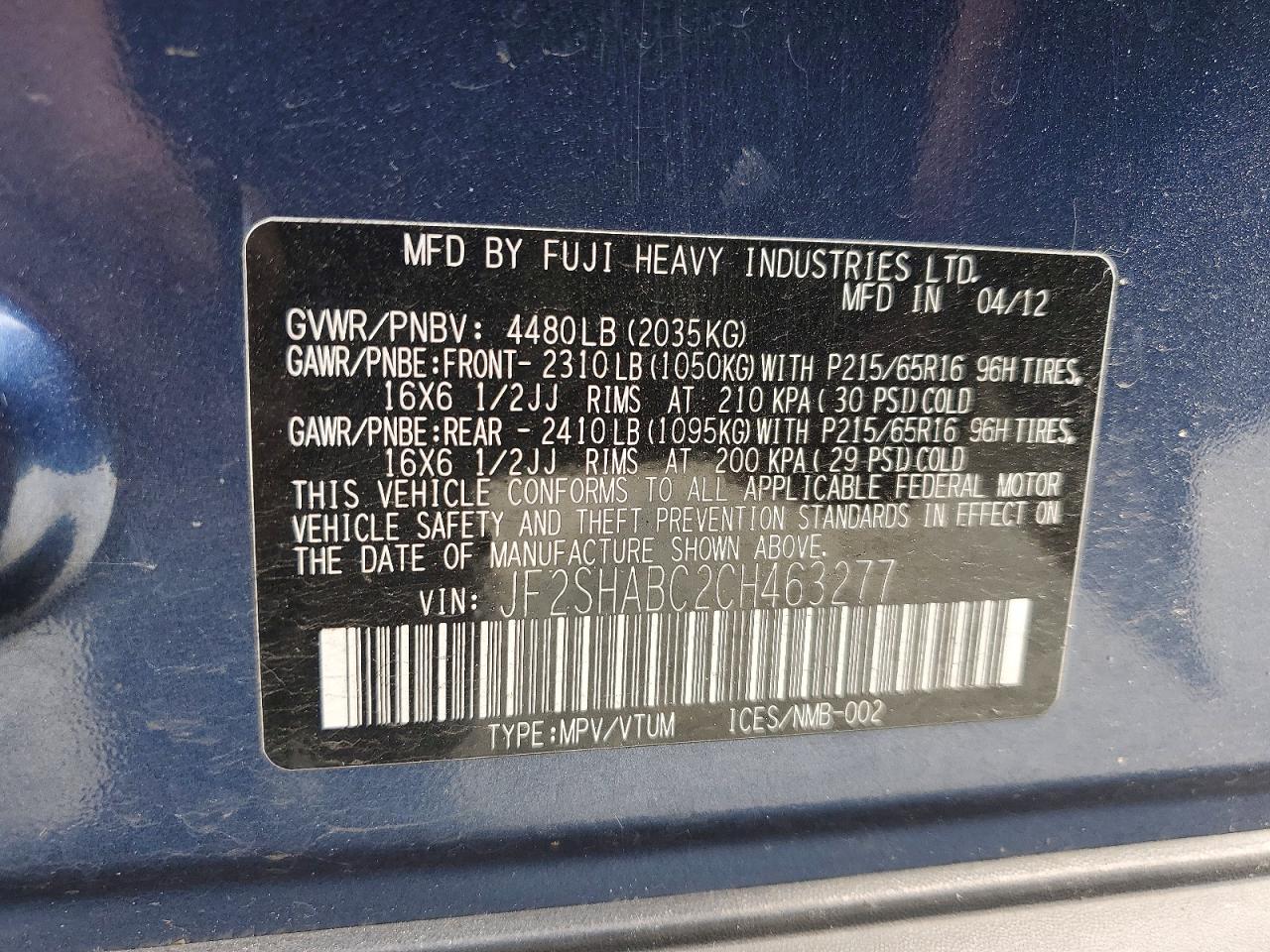 2012 Subaru Forester 2.5x Blue vin: JF2SHABC2CH463277