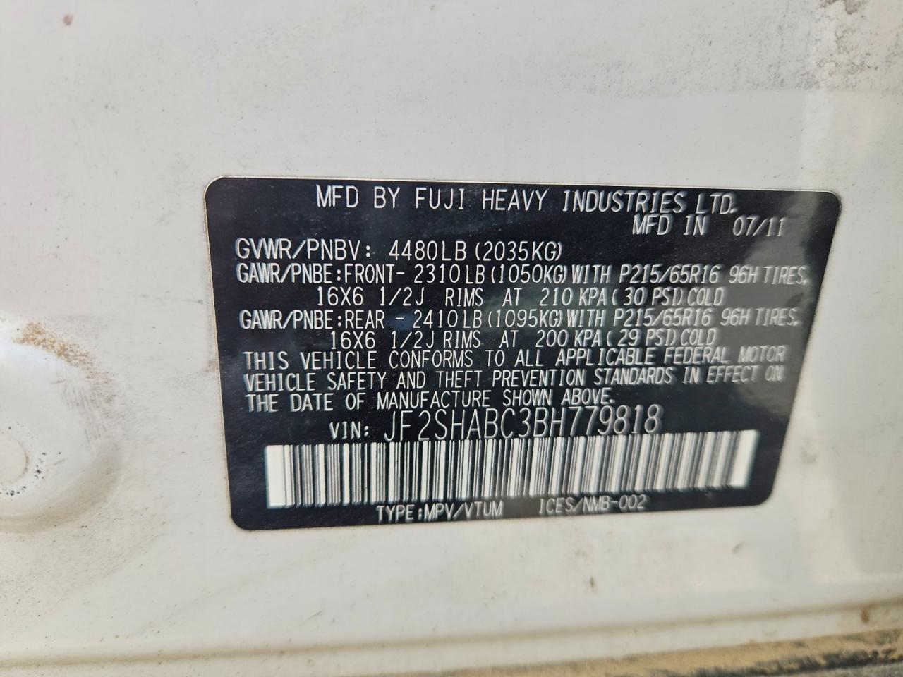2011 Subaru Forester 2.5x White vin: JF2SHABC3BH779818