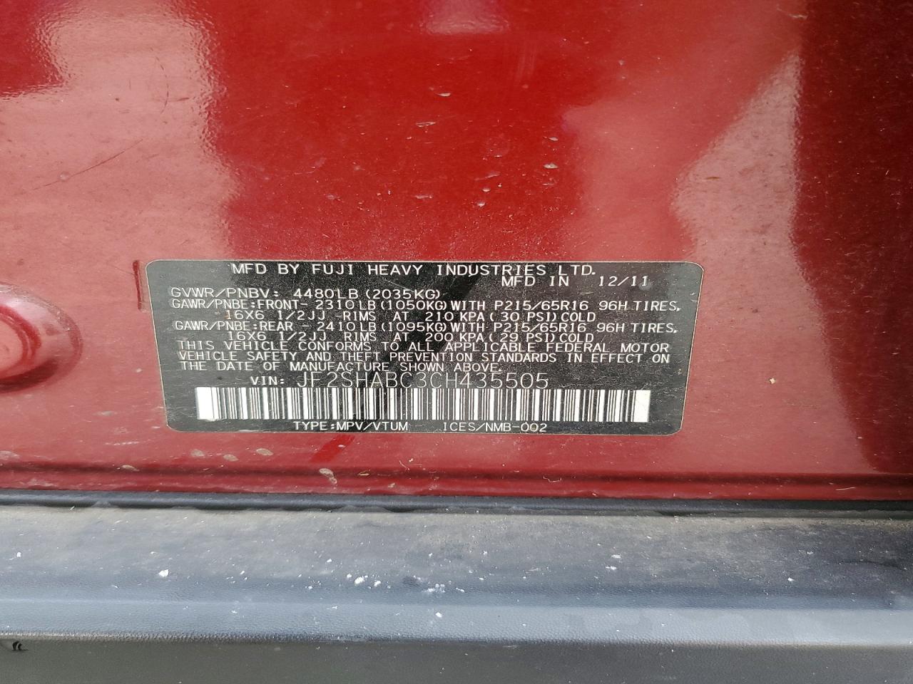 2012 Subaru Forester 2.5x Maroon vin: JF2SHABC3CH435505