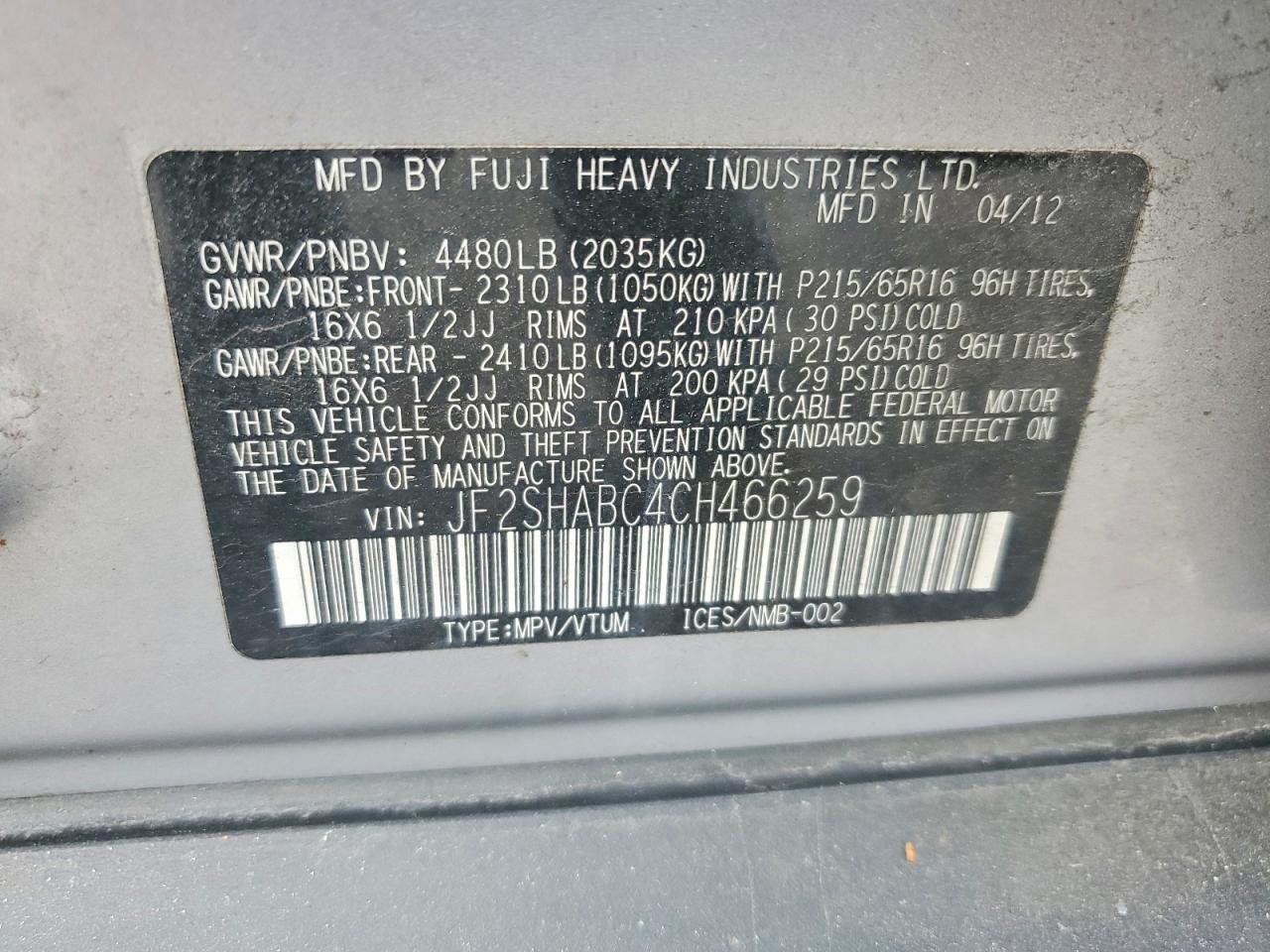 2012 Subaru Forester 2.5x Silver vin: JF2SHABC4CH466259