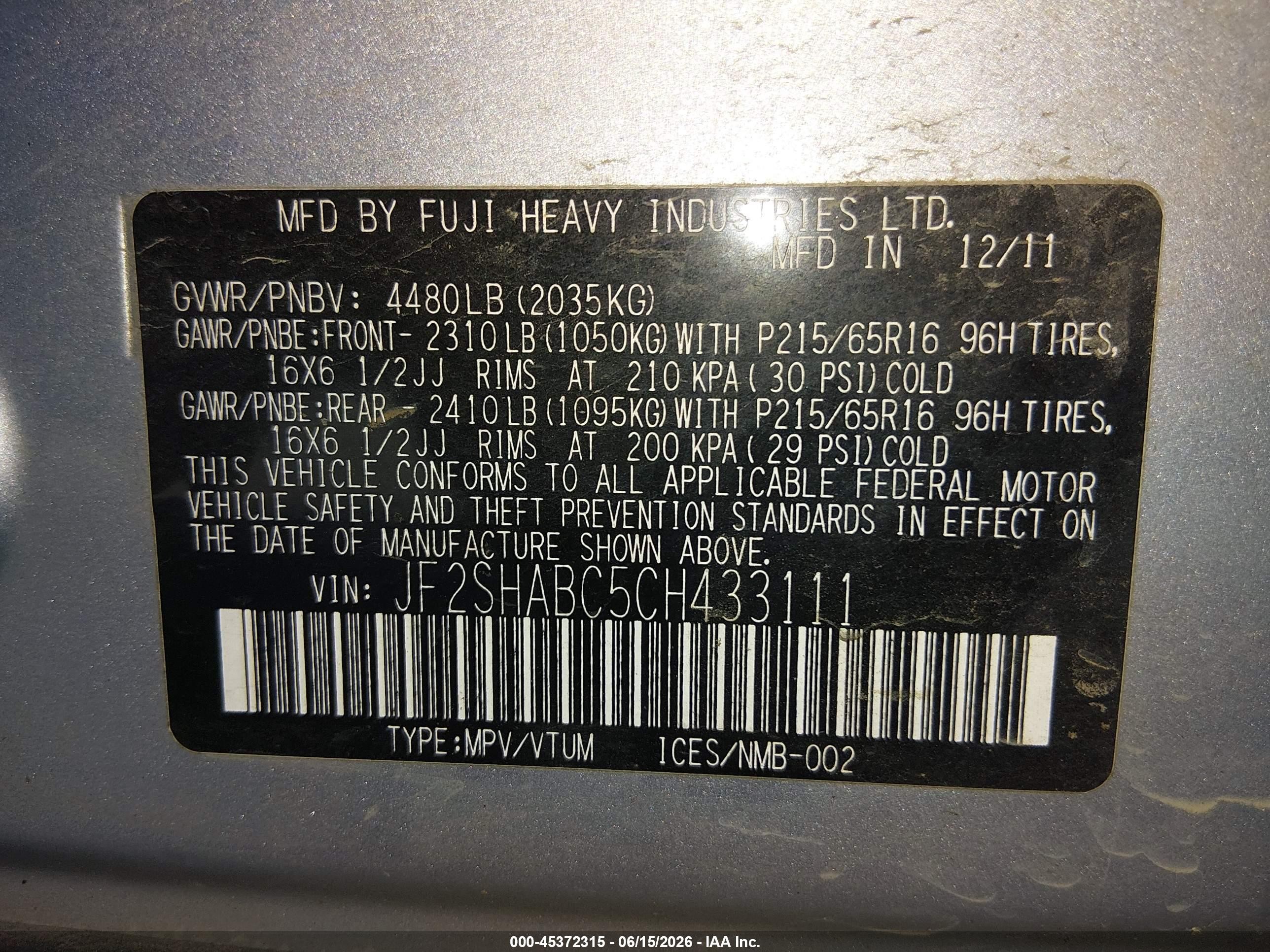 2012 Subaru Forester 2.5x Gray vin: JF2SHABC5CH433111
