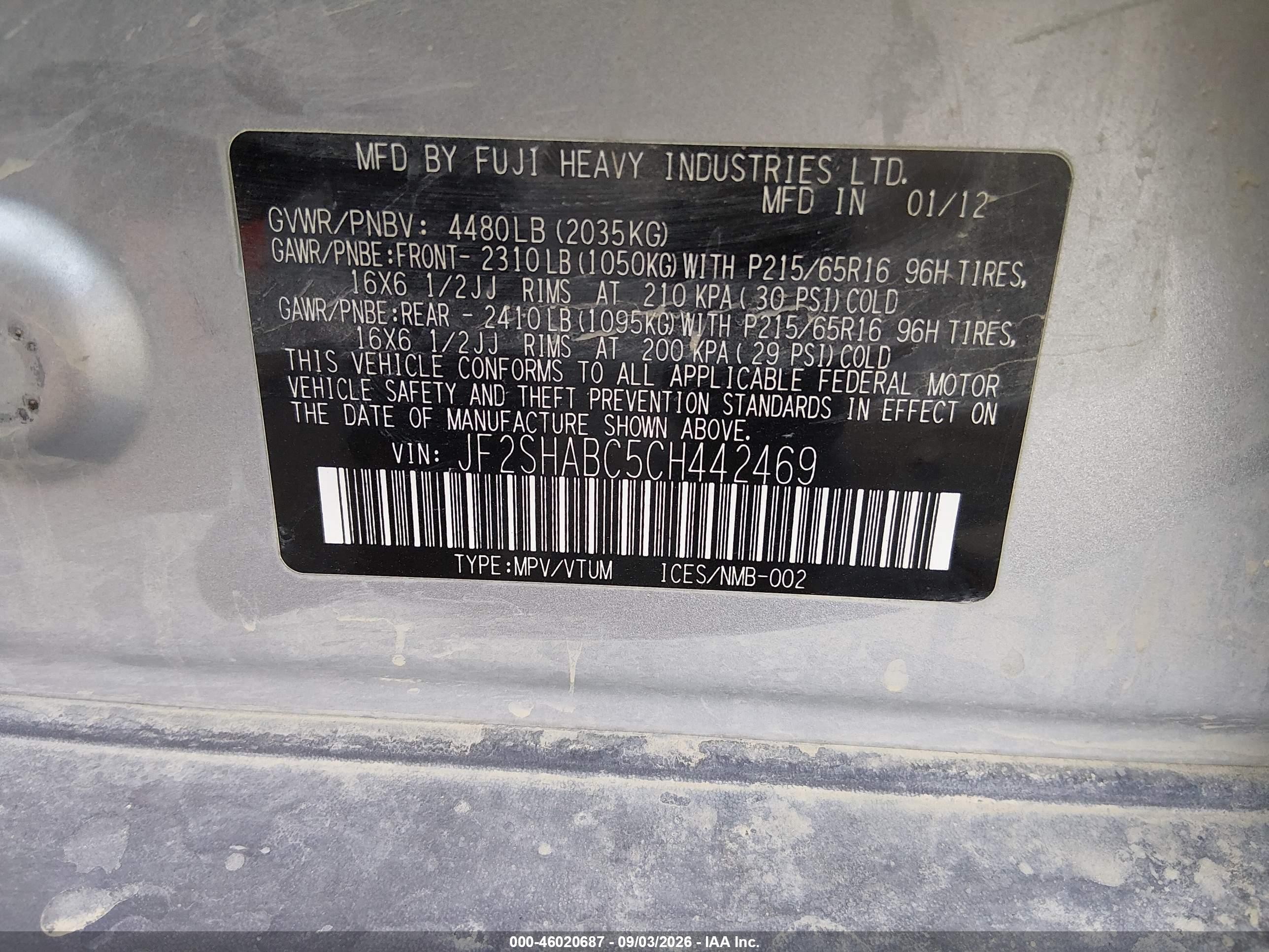 2012 Subaru Forester 2.5x Серебряный vin: JF2SHABC5CH442469