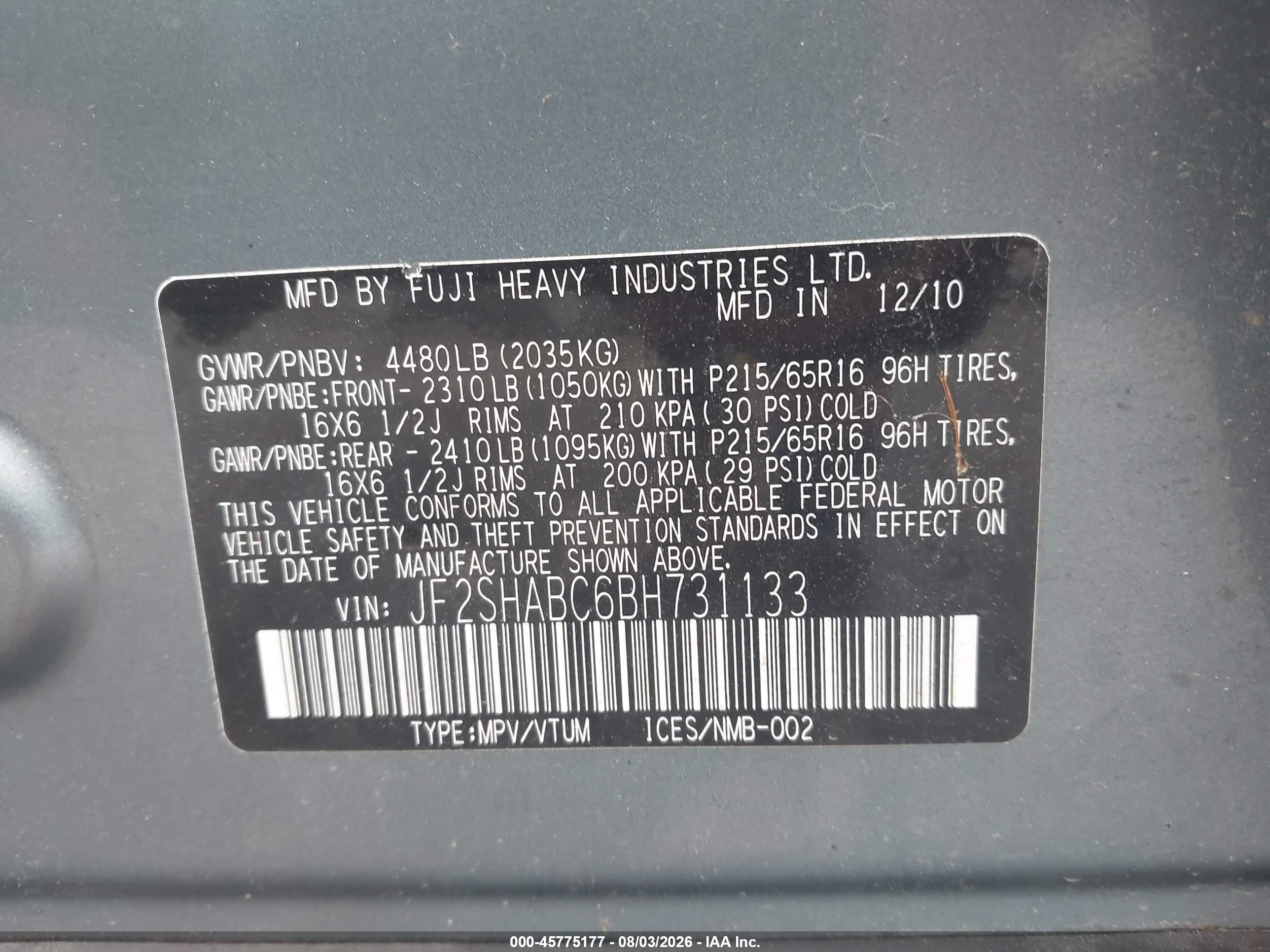 2011 Subaru Forester 2.5x Blue vin: JF2SHABC6BH731133