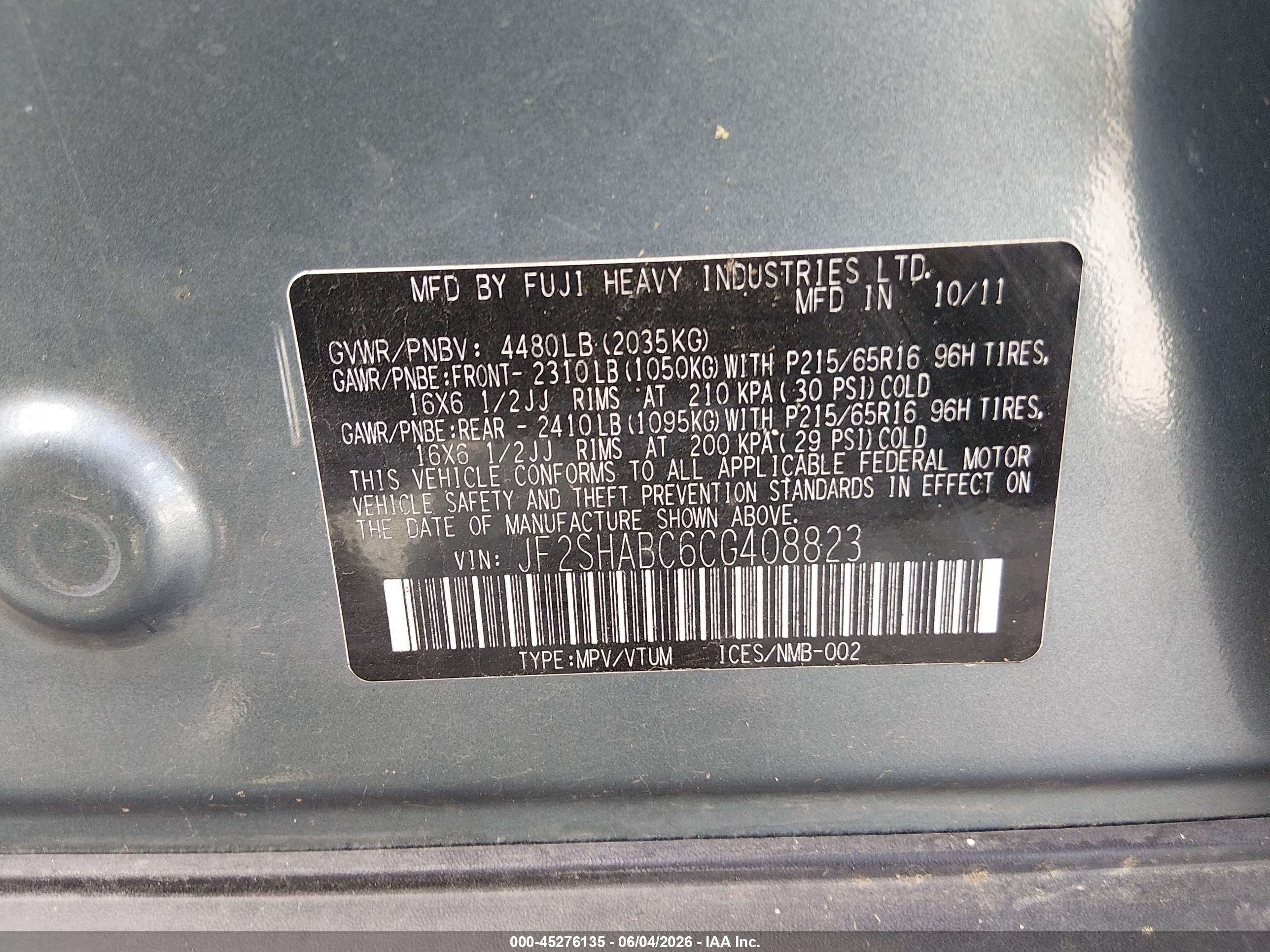 2012 Subaru Forester 2.5x Blue vin: JF2SHABC6CG408823