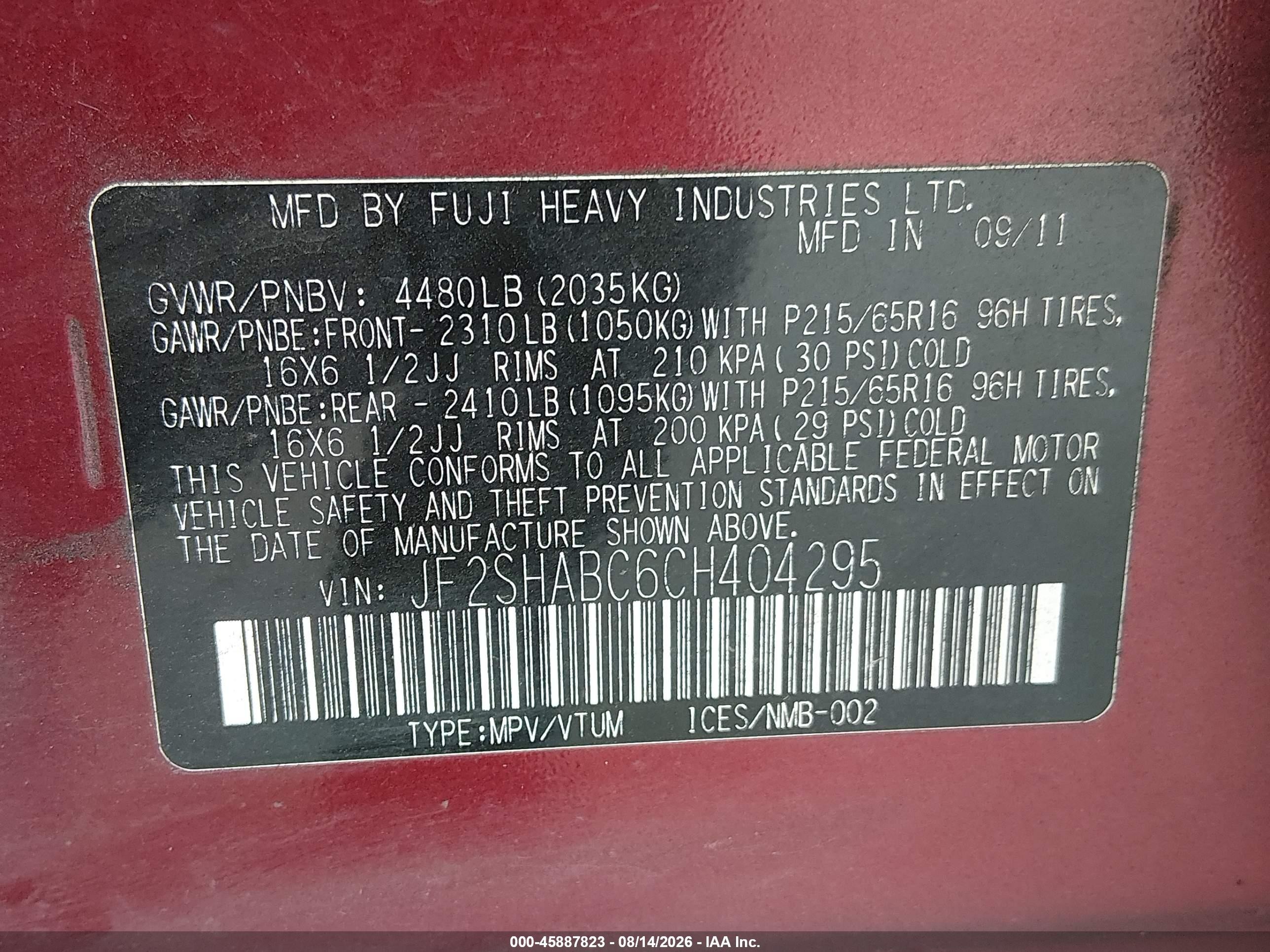 2012 Subaru Forester 2.5x Burgundy vin: JF2SHABC6CH404295