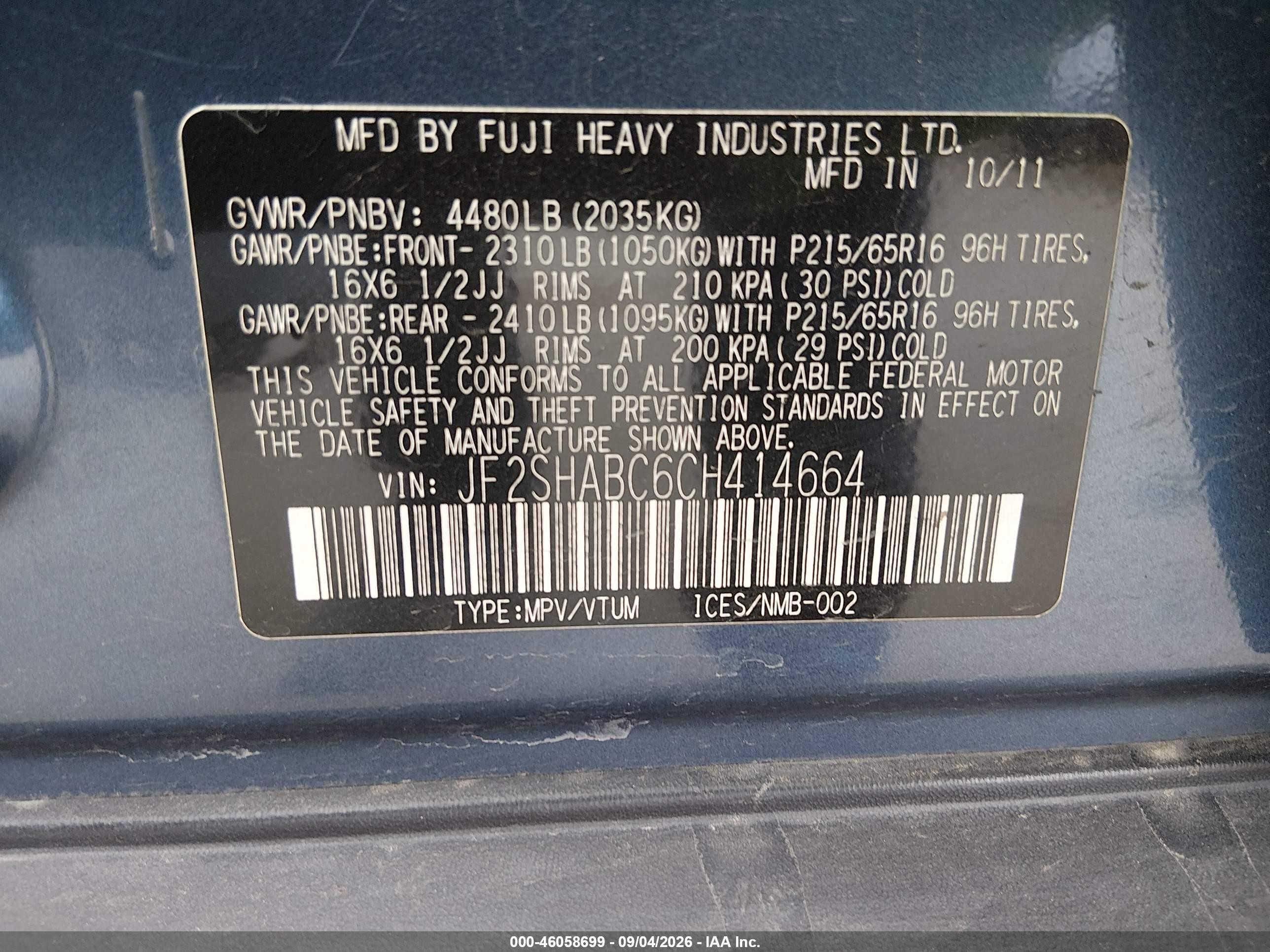 2012 Subaru Forester 2.5x Blue vin: JF2SHABC6CH414664