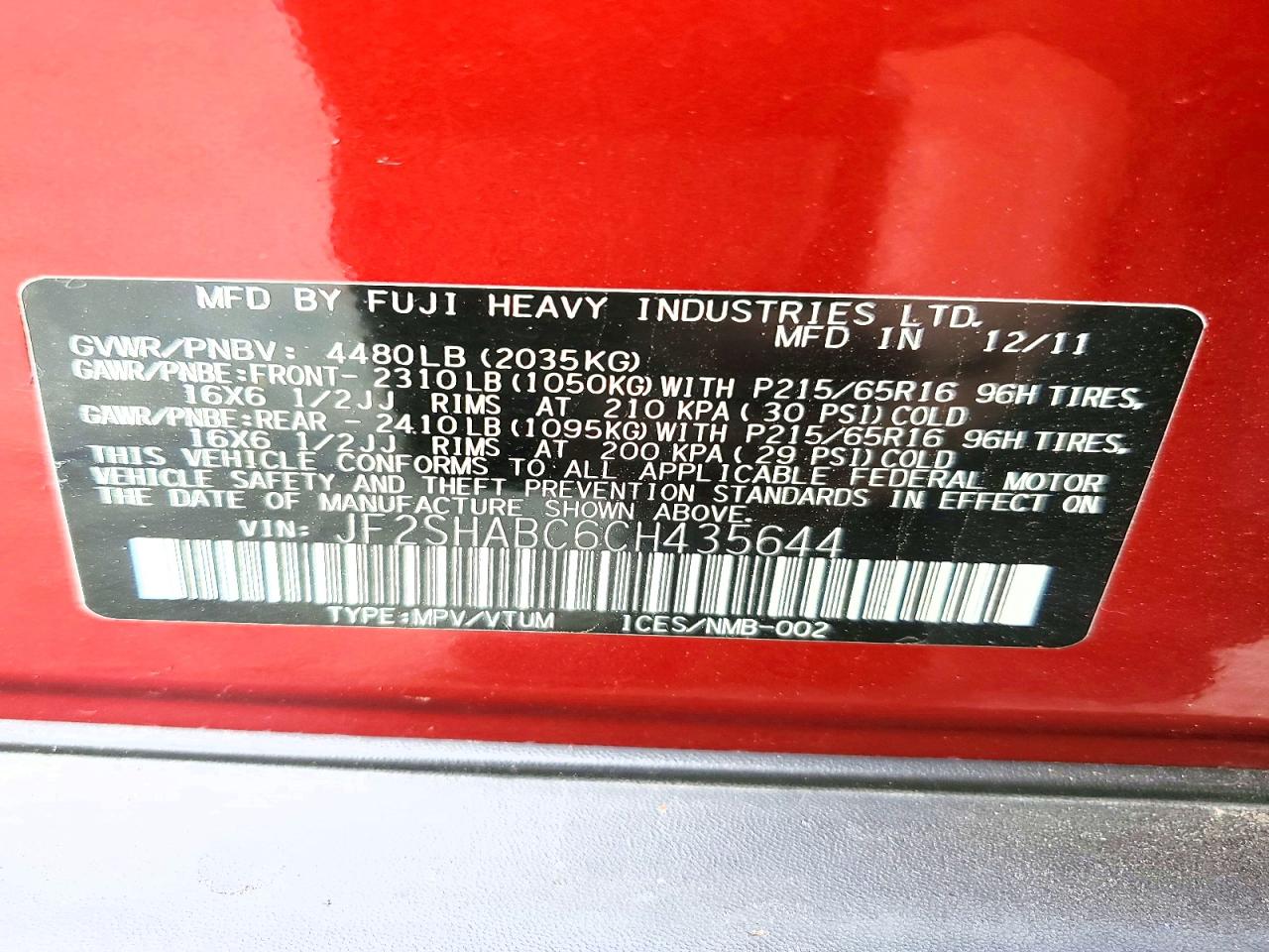 2012 Subaru Forester 2.5x Red vin: JF2SHABC6CH435644
