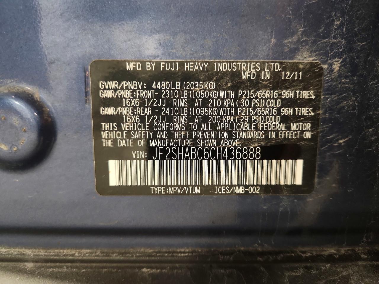 2012 Subaru Forester 2.5x Blue vin: JF2SHABC6CH436888
