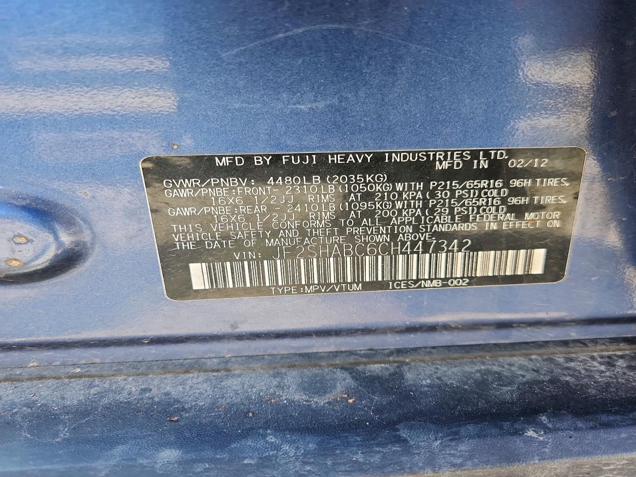 2012 Subaru Forester 2.5x Blue vin: JF2SHABC6CH447342
