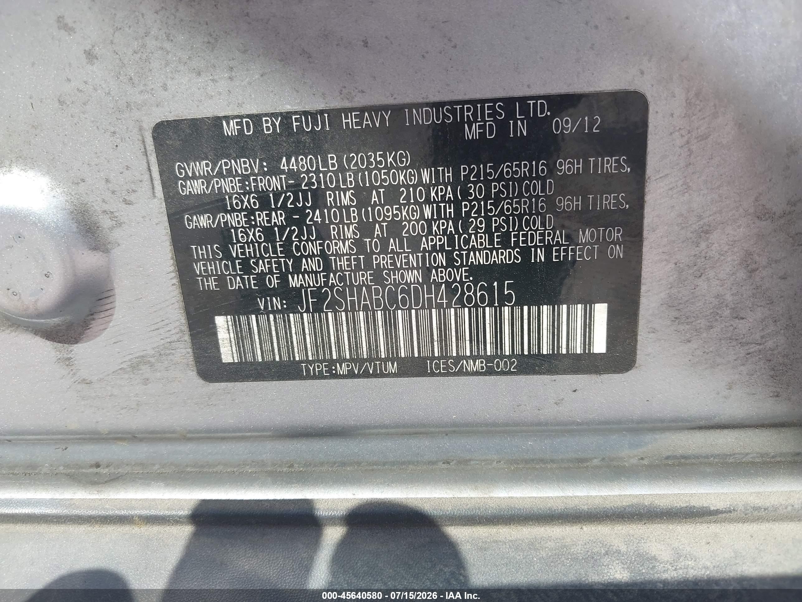 2013 Subaru Forester 2.5x Silver vin: JF2SHABC6DH428615