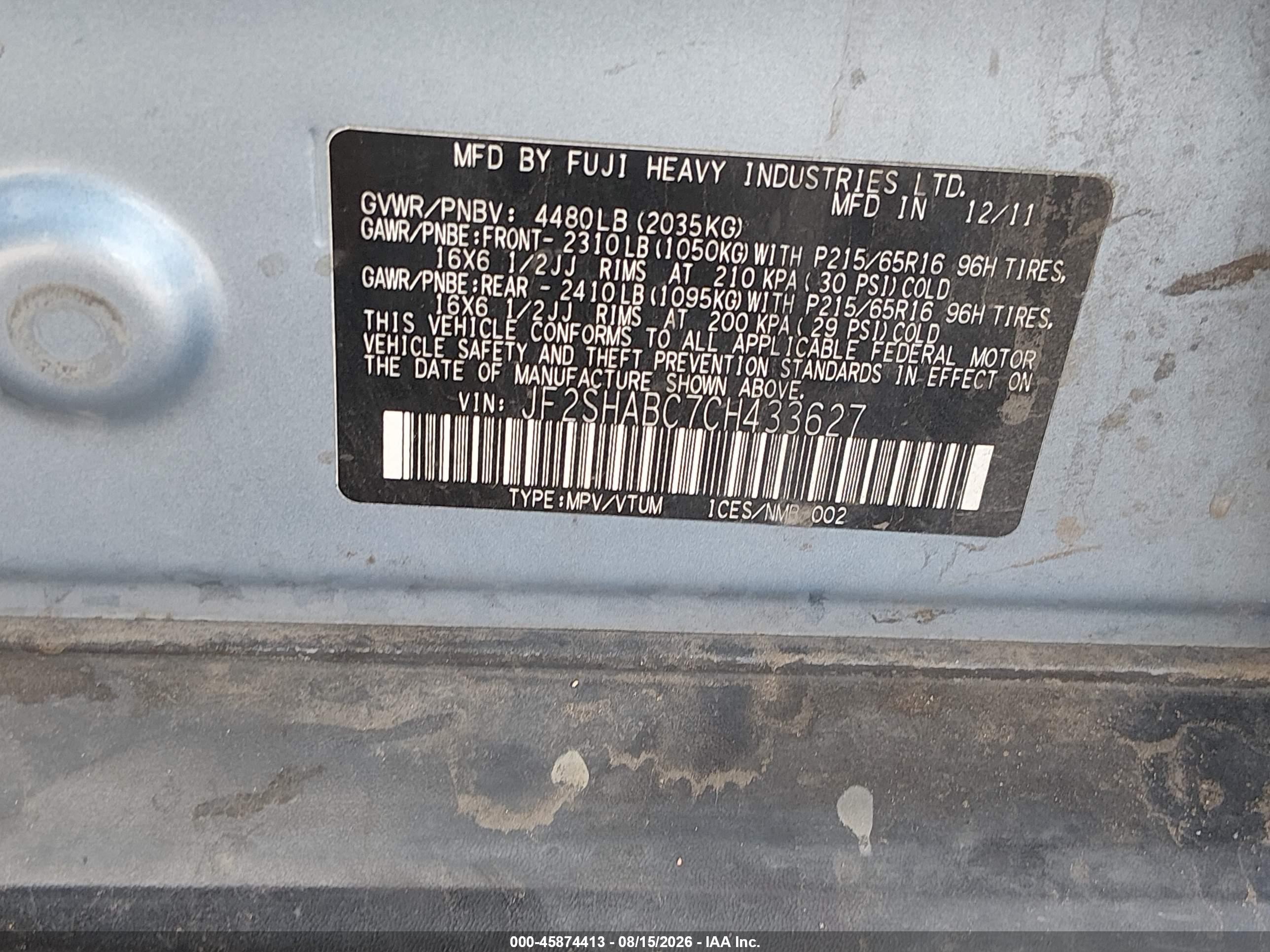 2012 Subaru Forester 2.5x Blue vin: JF2SHABC7CH433627