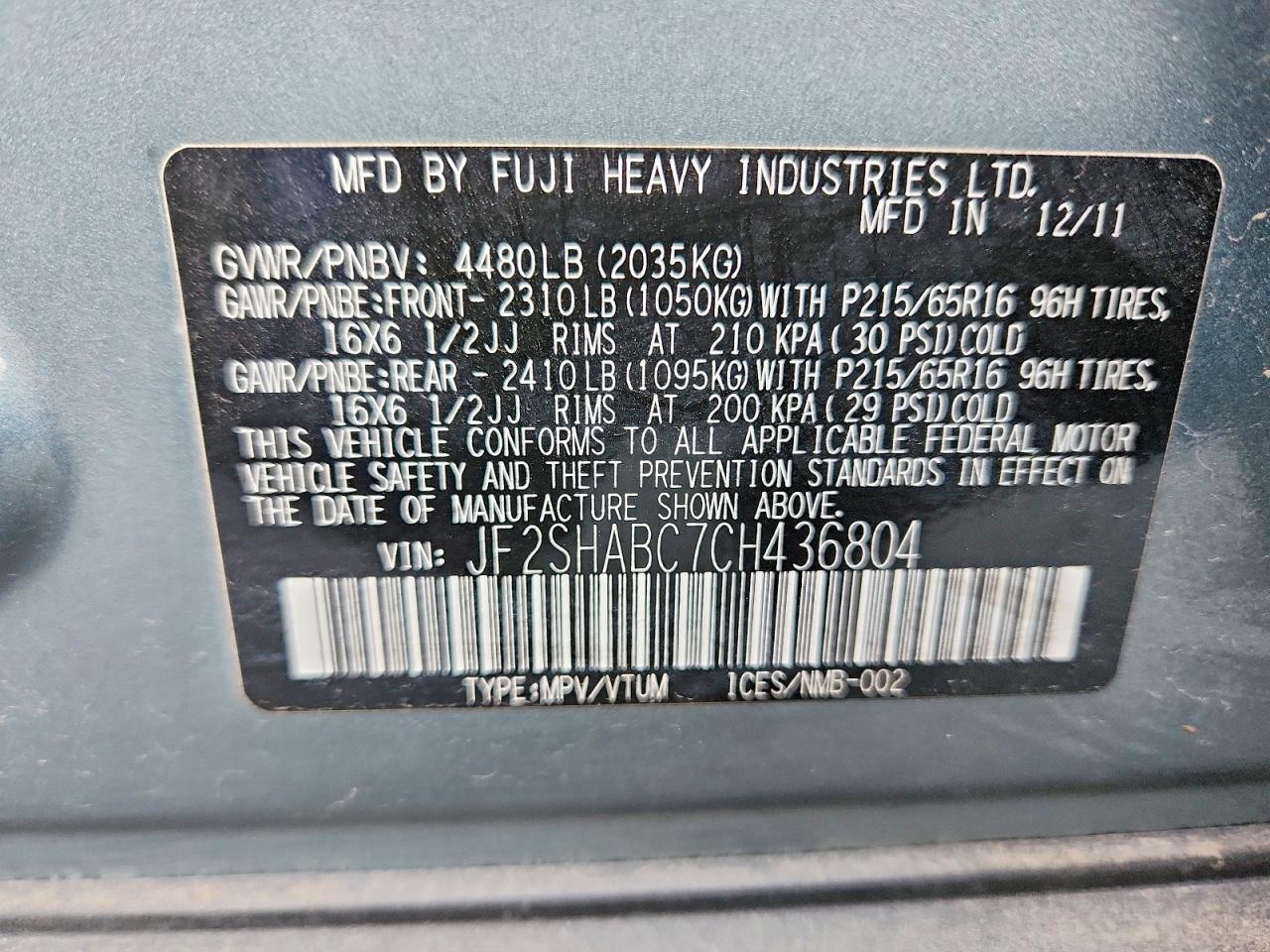 2012 Subaru Forester 2.5x Teal vin: JF2SHABC7CH436804