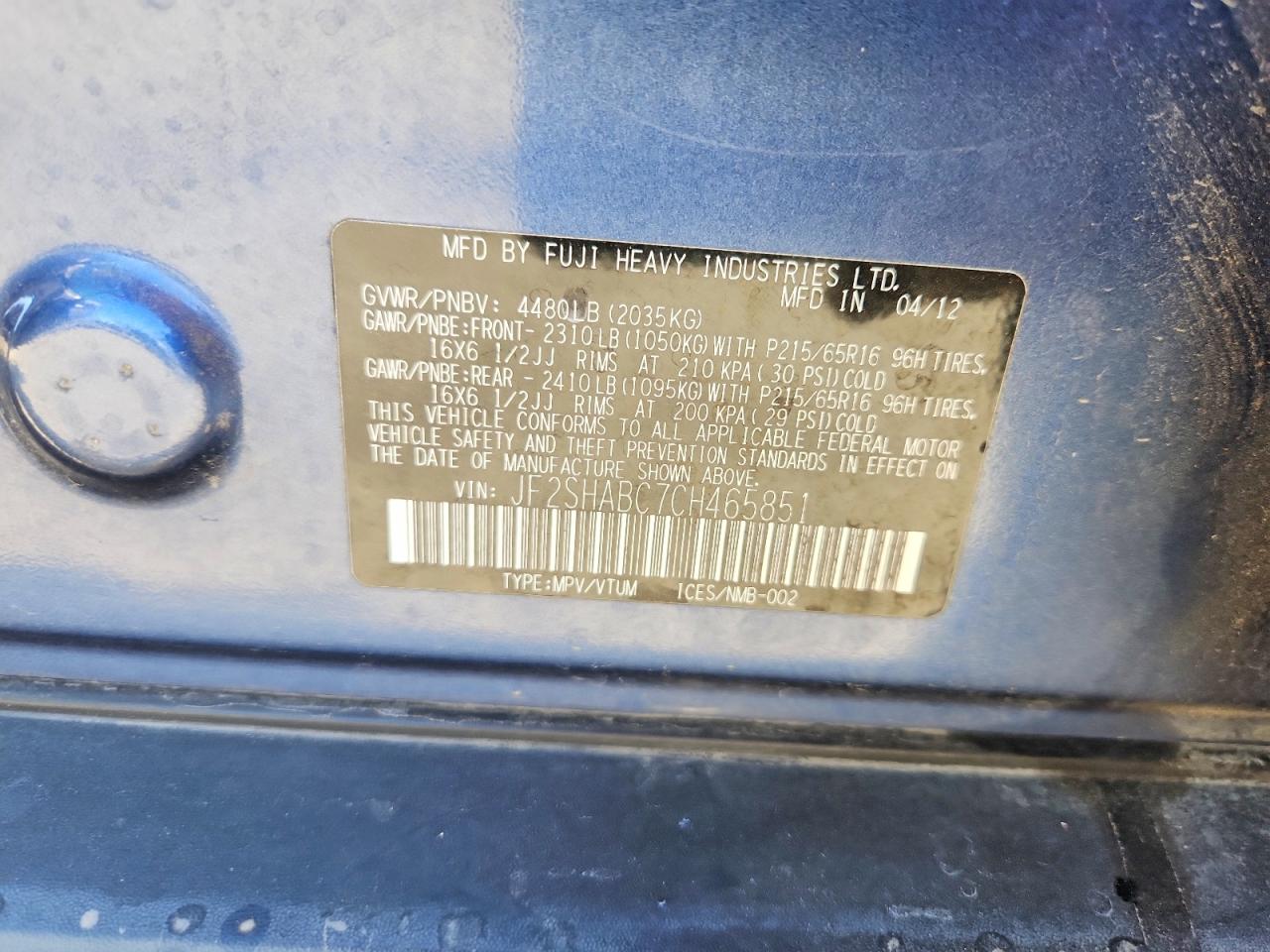 2012 Subaru Forester 2.5x Blue vin: JF2SHABC7CH465851