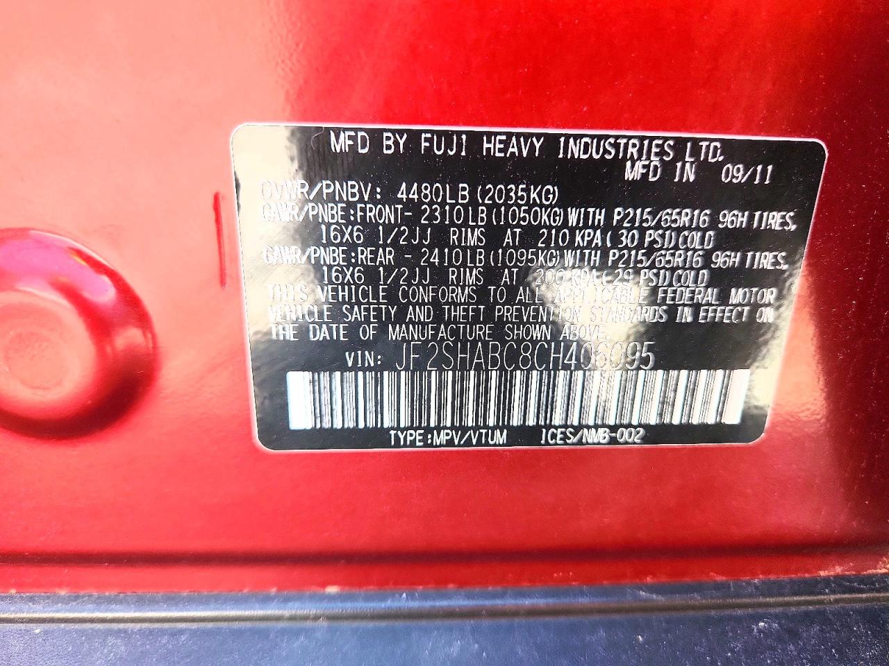 2012 Subaru Forester Burgundy vin: JF2SHABC8CH406095