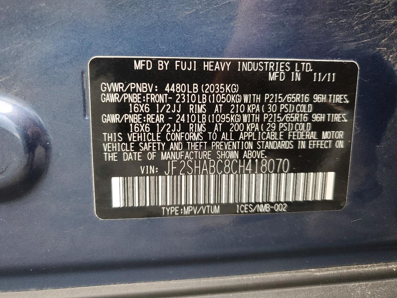2012 Subaru Forester 2.5x Blue vin: JF2SHABC8CH418070