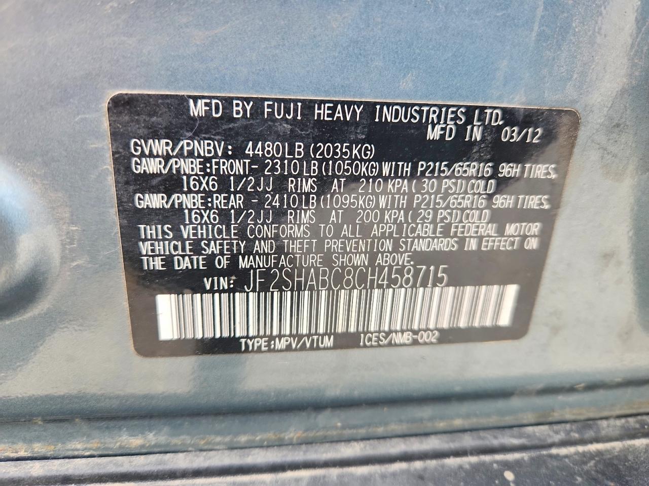2012 Subaru Forester 2.5x Turquoise vin: JF2SHABC8CH458715