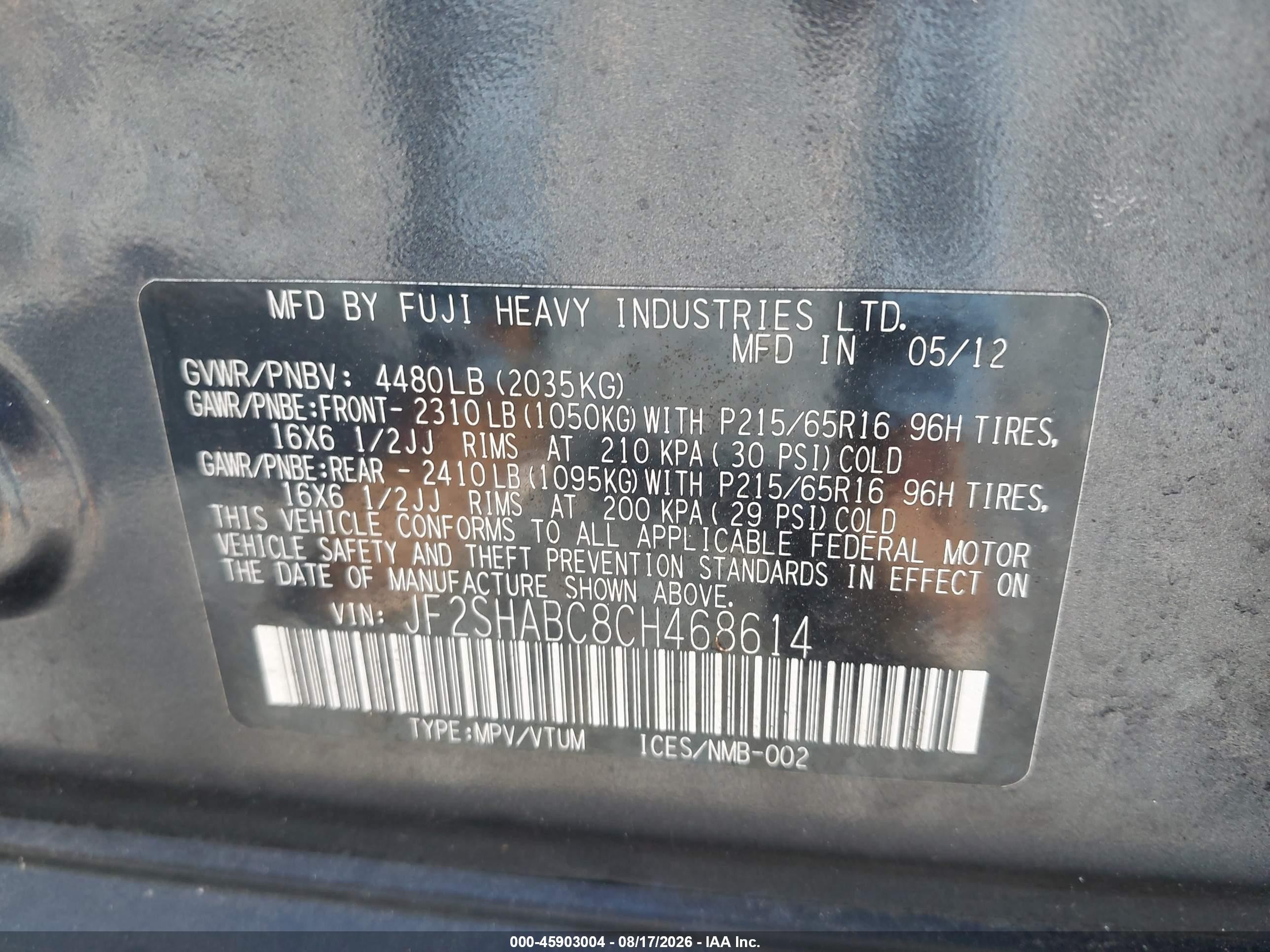 2012 Subaru Forester 2.5x Black vin: JF2SHABC8CH468614