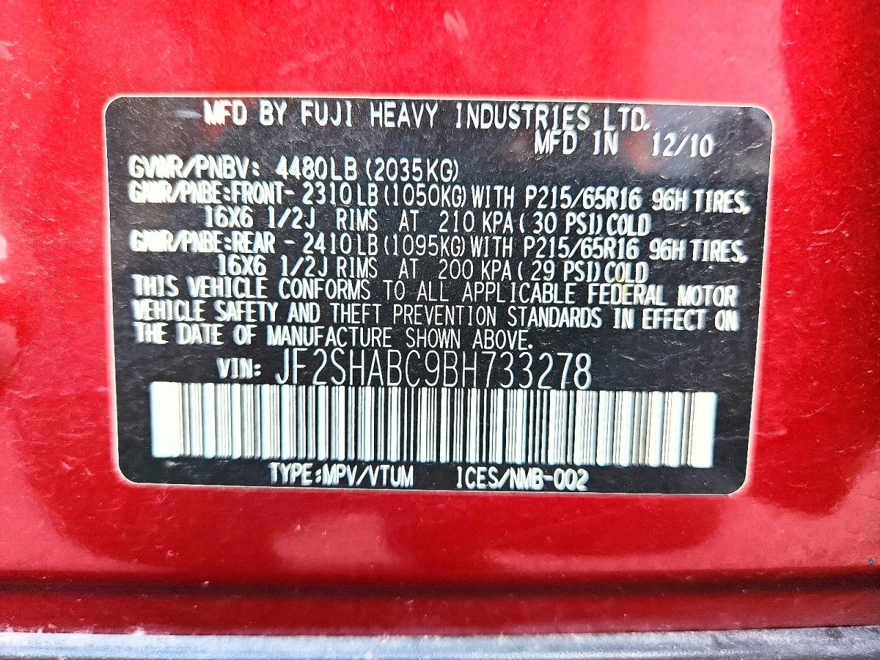 2011 Subaru Forester 2.5x Maroon vin: JF2SHABC9BH733278