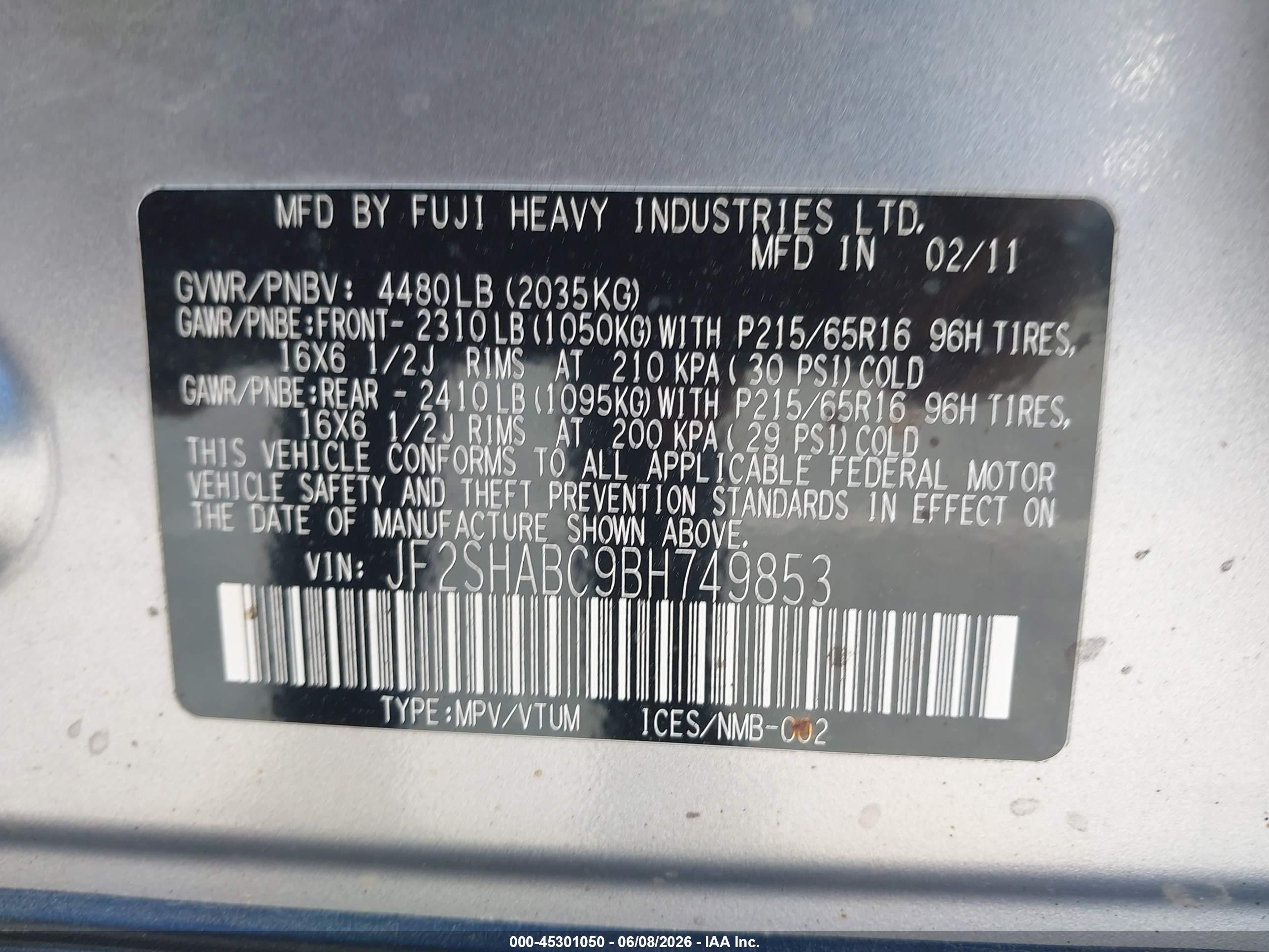 2011 Subaru Forester 2.5x Silver vin: JF2SHABC9BH749853