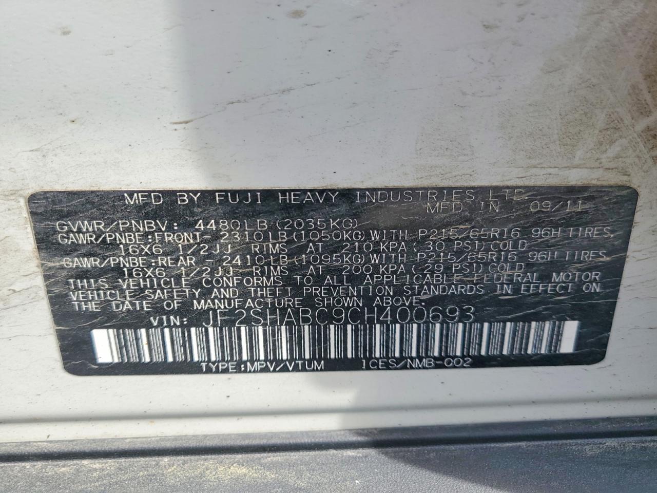 2012 Subaru Forester 2.5x Белый vin: JF2SHABC9CH400693
