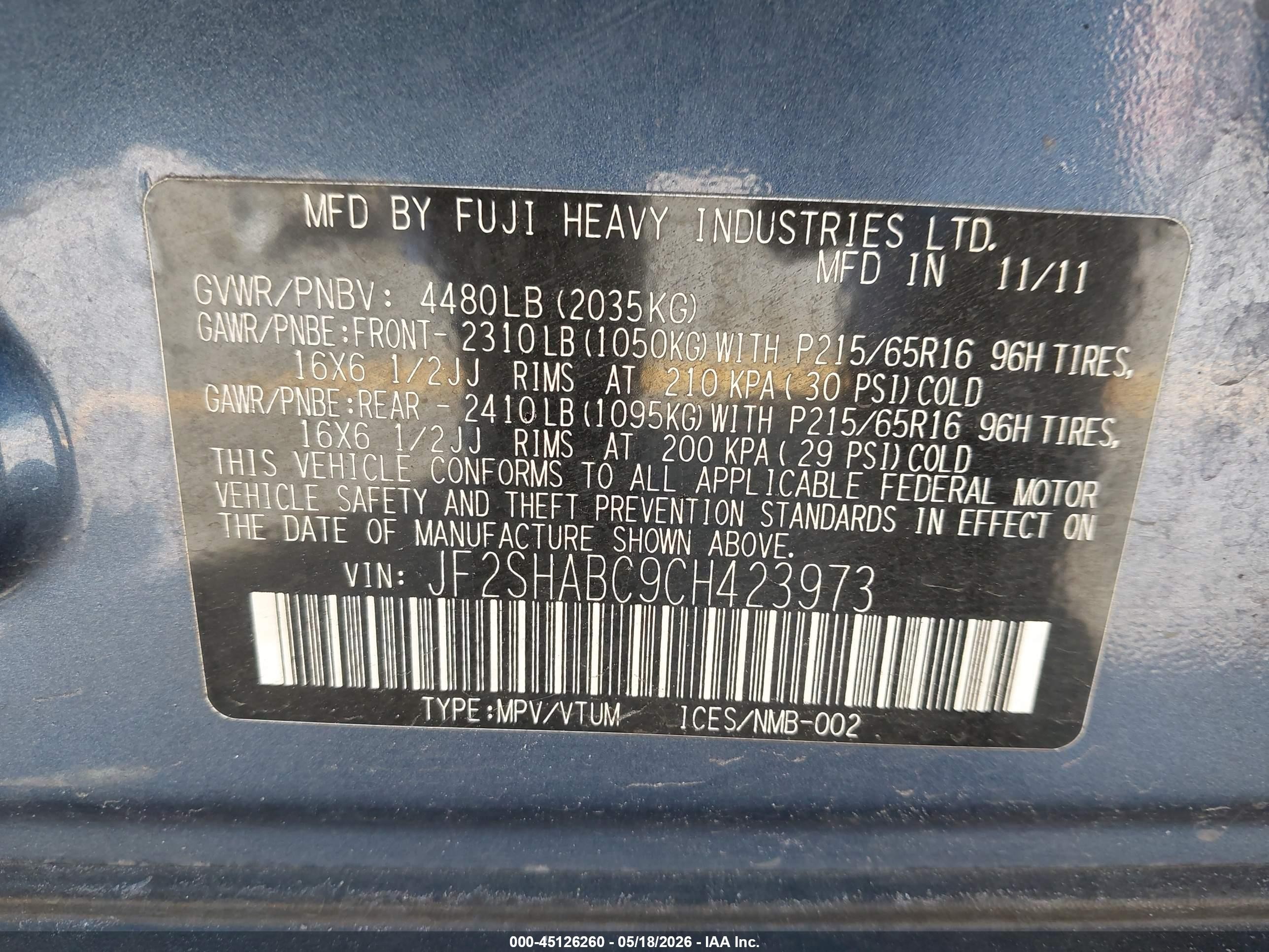 2012 Subaru Forester 2.5x Blue vin: JF2SHABC9CH423973