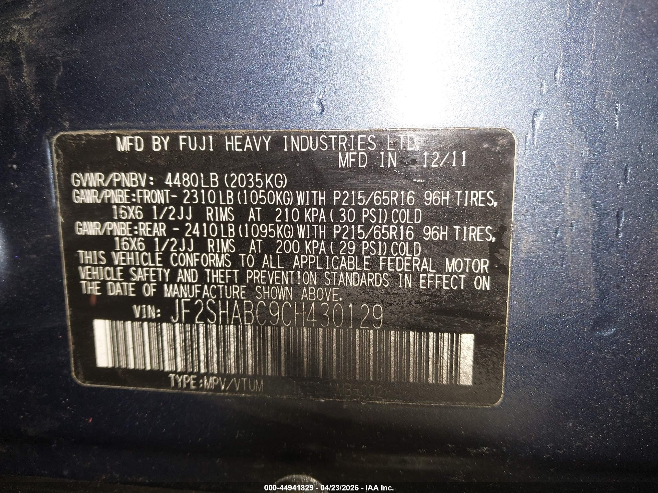2012 Subaru Forester 2.5x Blue vin: JF2SHABC9CH430129