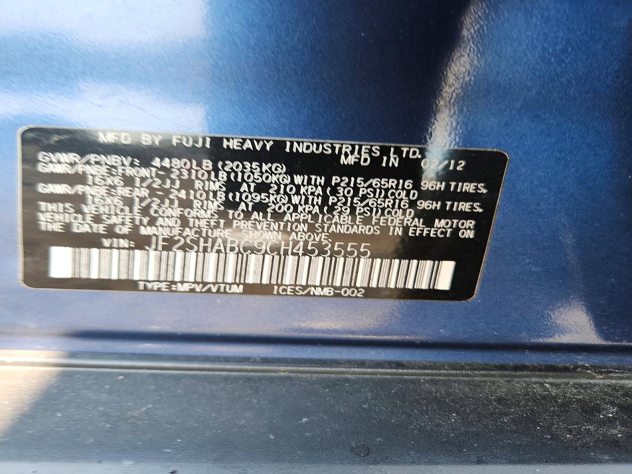 2012 Subaru Forester 2.5x Blue vin: JF2SHABC9CH453555