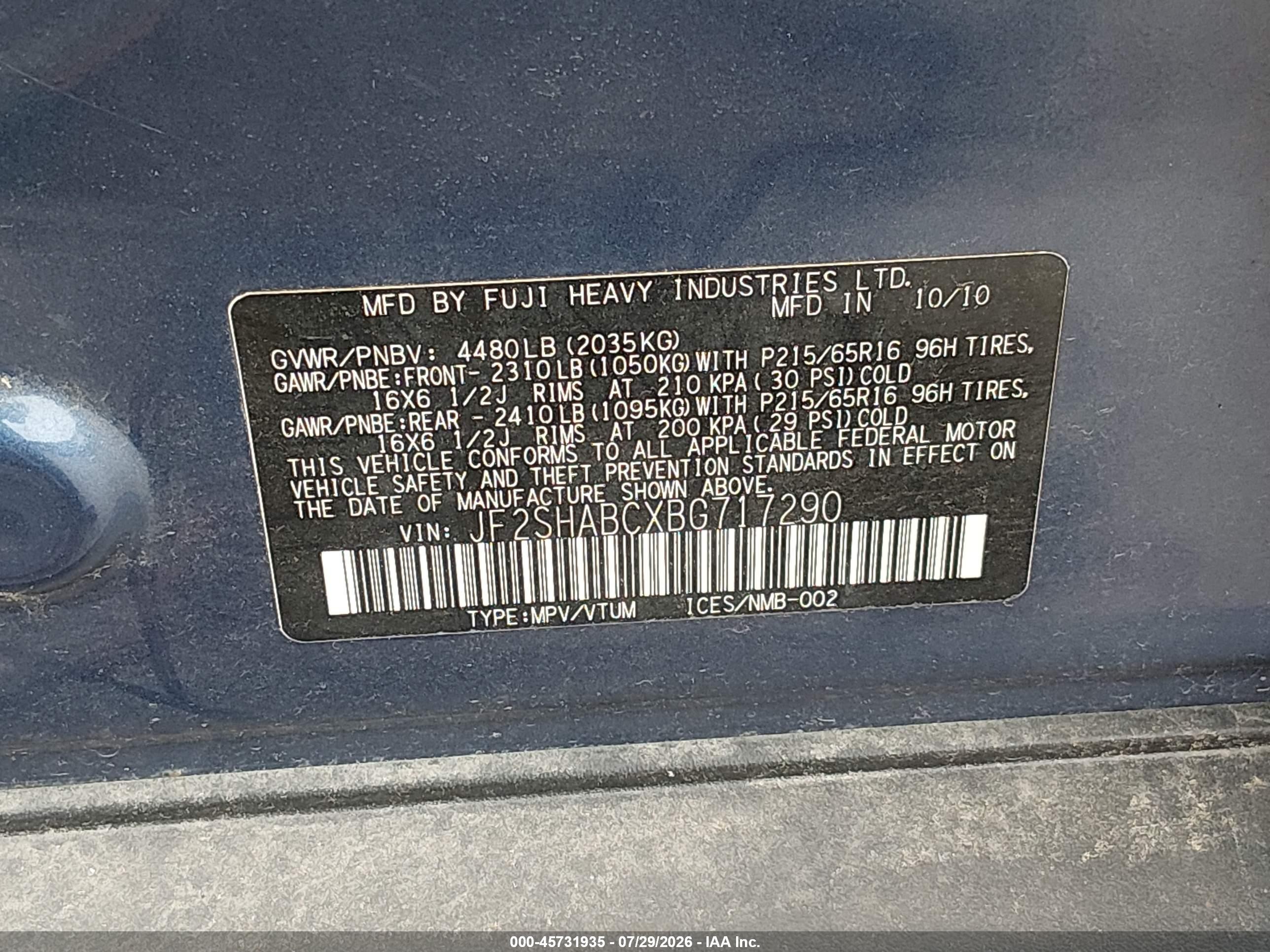 2011 Subaru Forester 2.5x Blue vin: JF2SHABCXBG717290