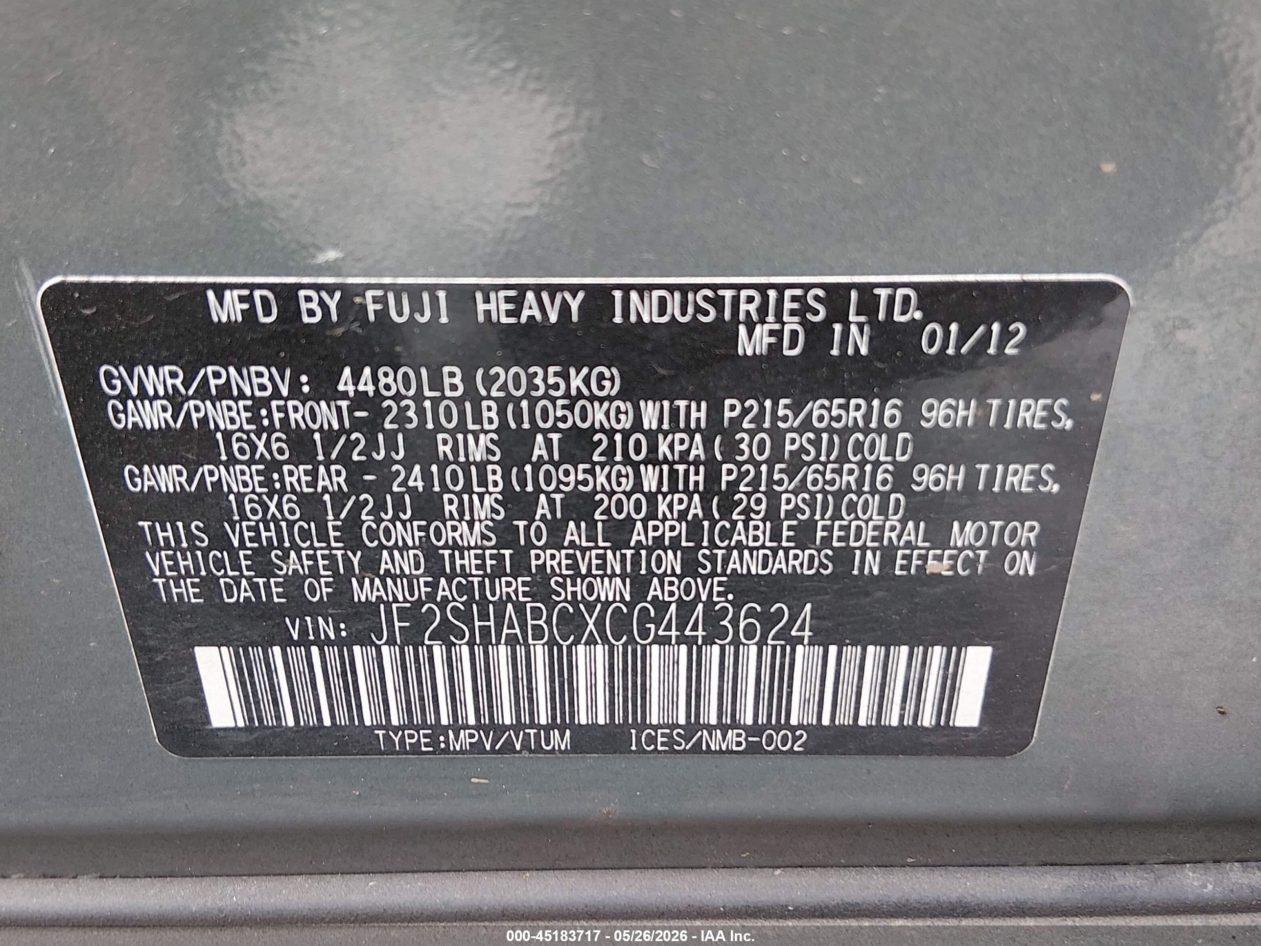 2012 Subaru Forester 2.5x Blue vin: JF2SHABCXCG443624