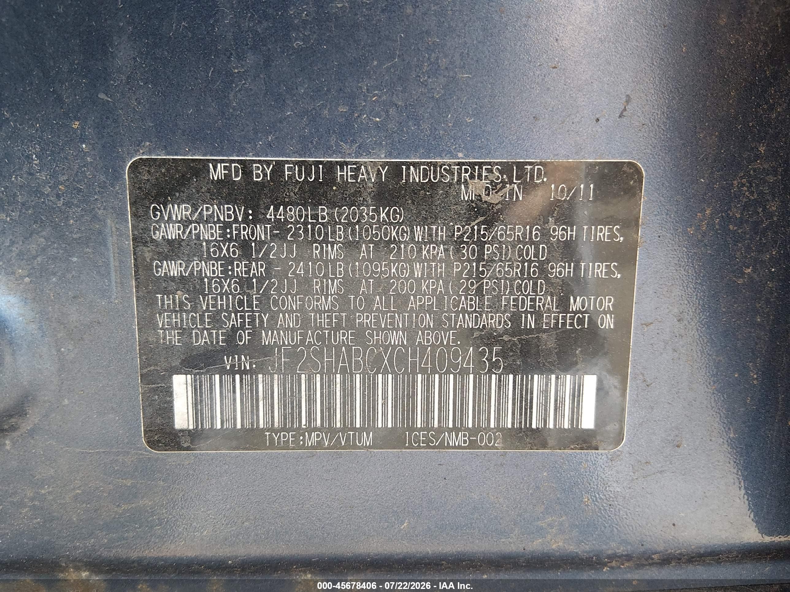 2012 Subaru Forester 2.5x Blue vin: JF2SHABCXCH409435