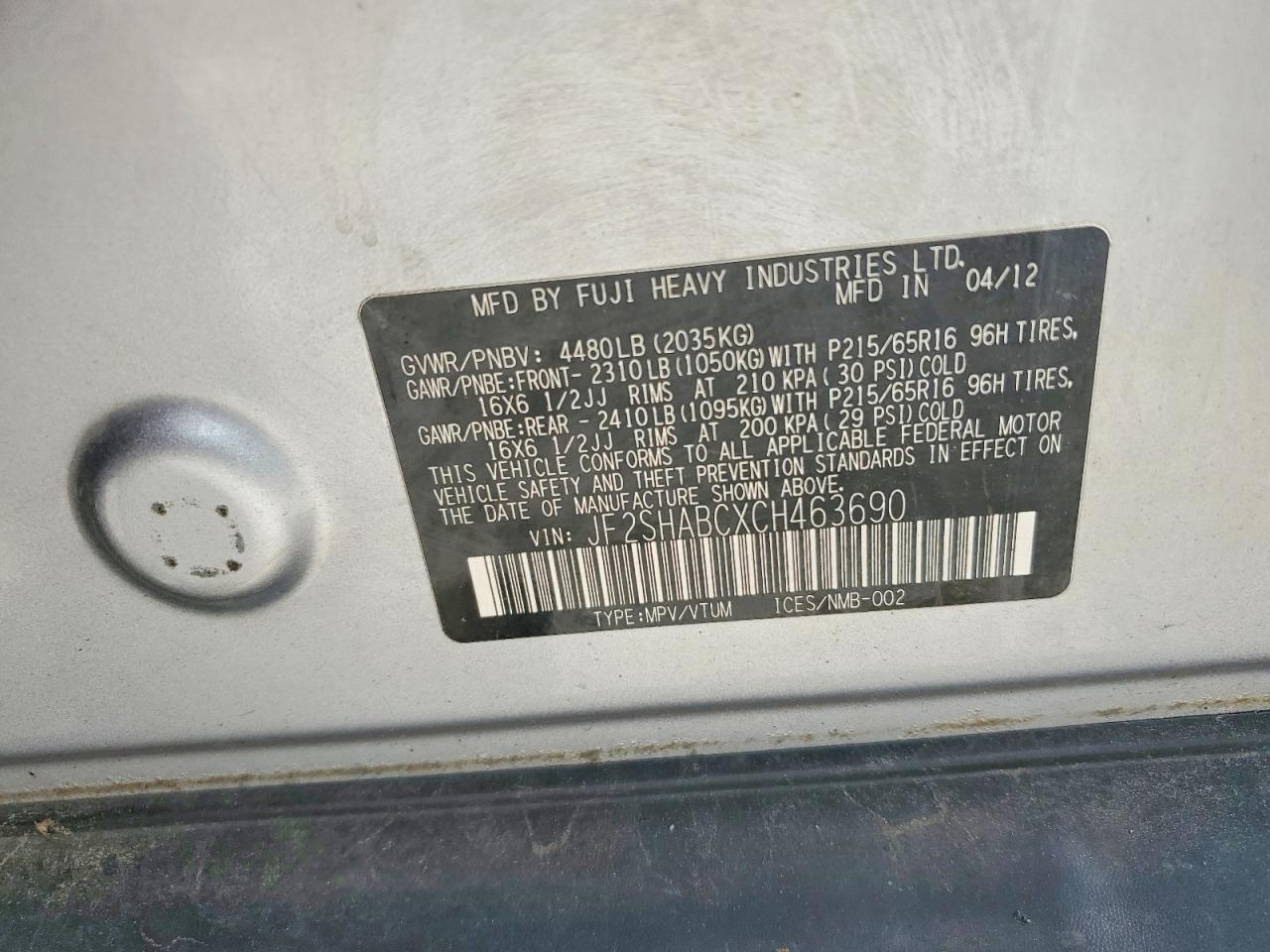 2012 Subaru Forester 2.5x Silver vin: JF2SHABCXCH463690
