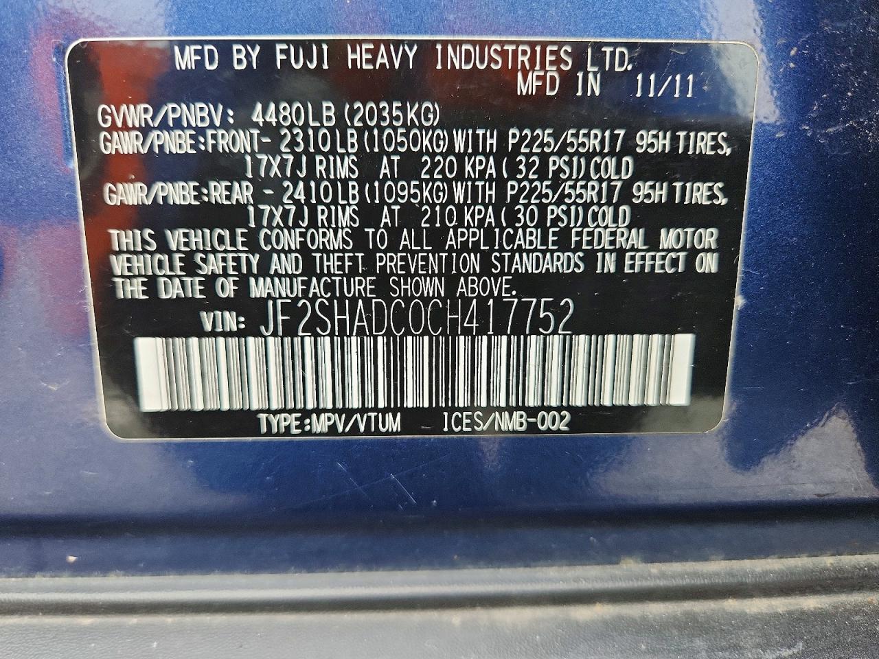 2012 Subaru Forester 2.5x Premium Blue vin: JF2SHADC0CH417752
