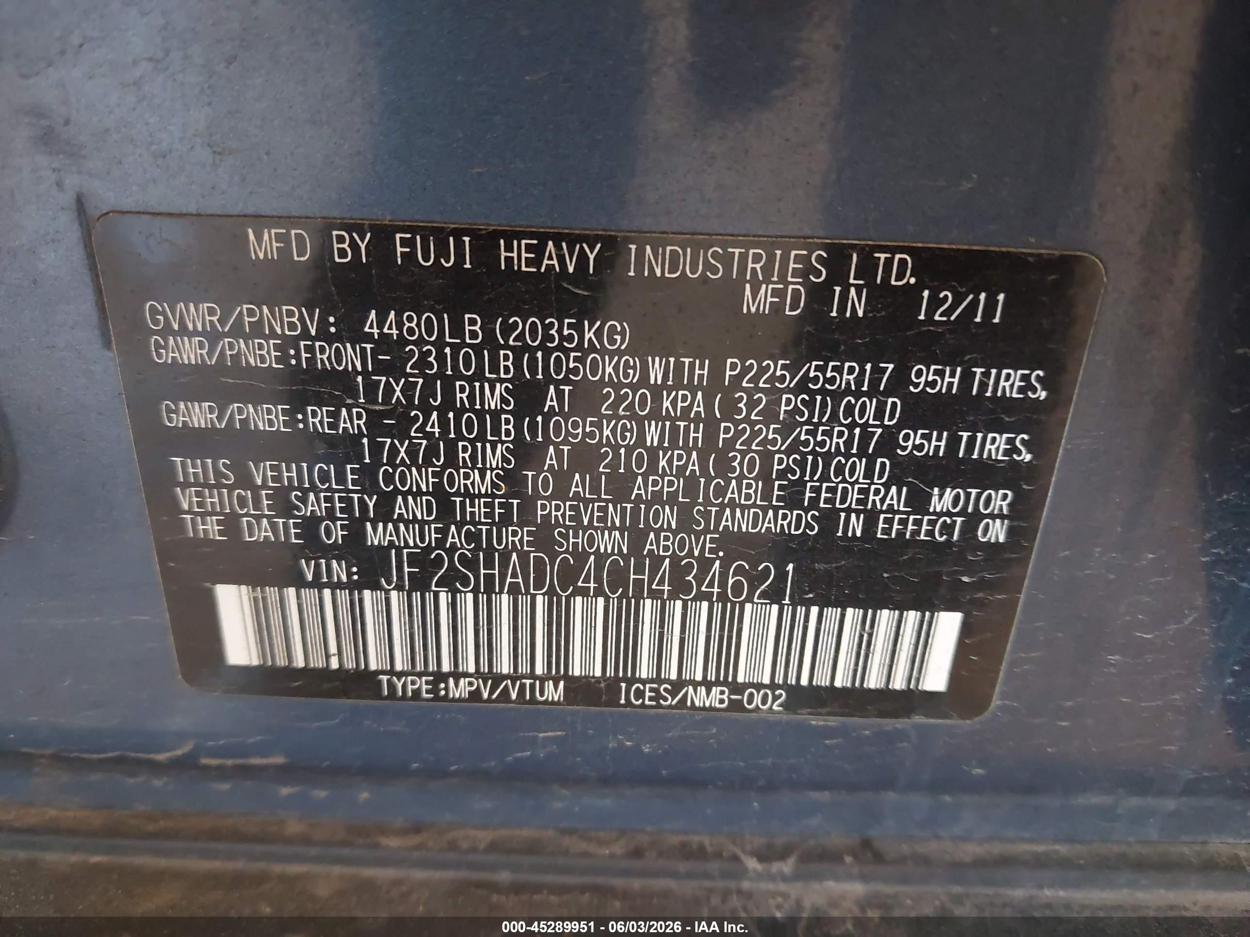 2012 Subaru Forester 2.5x Premium Blue vin: JF2SHADC4CH434621