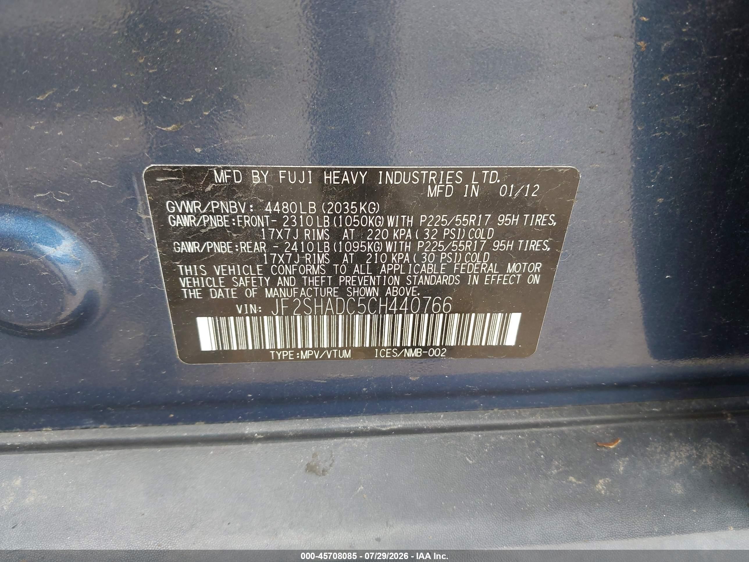2012 Subaru Forester 2.5x Premium Blue vin: JF2SHADC5CH440766