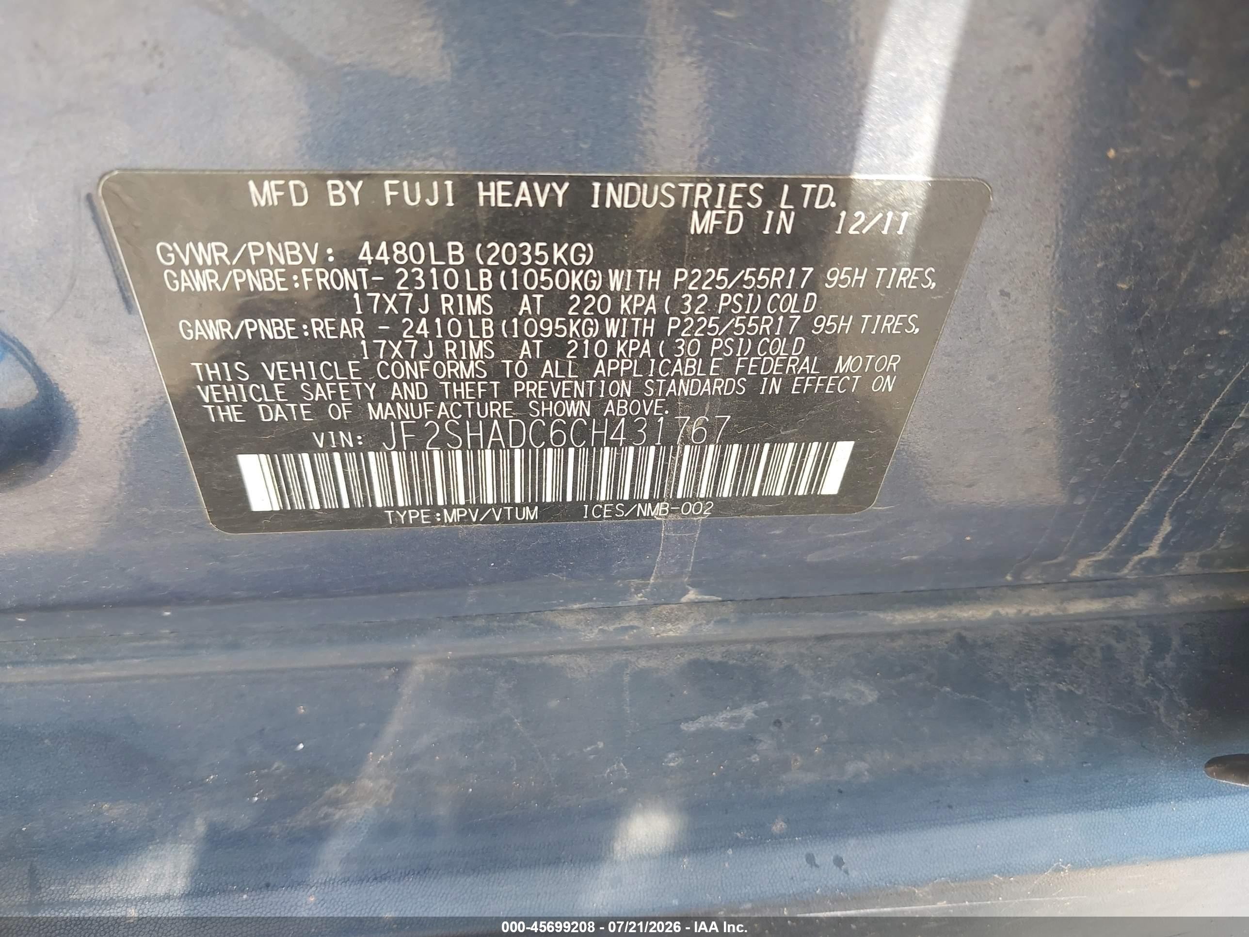 2012 Subaru Forester 2.5x Premium Blue vin: JF2SHADC6CH431767